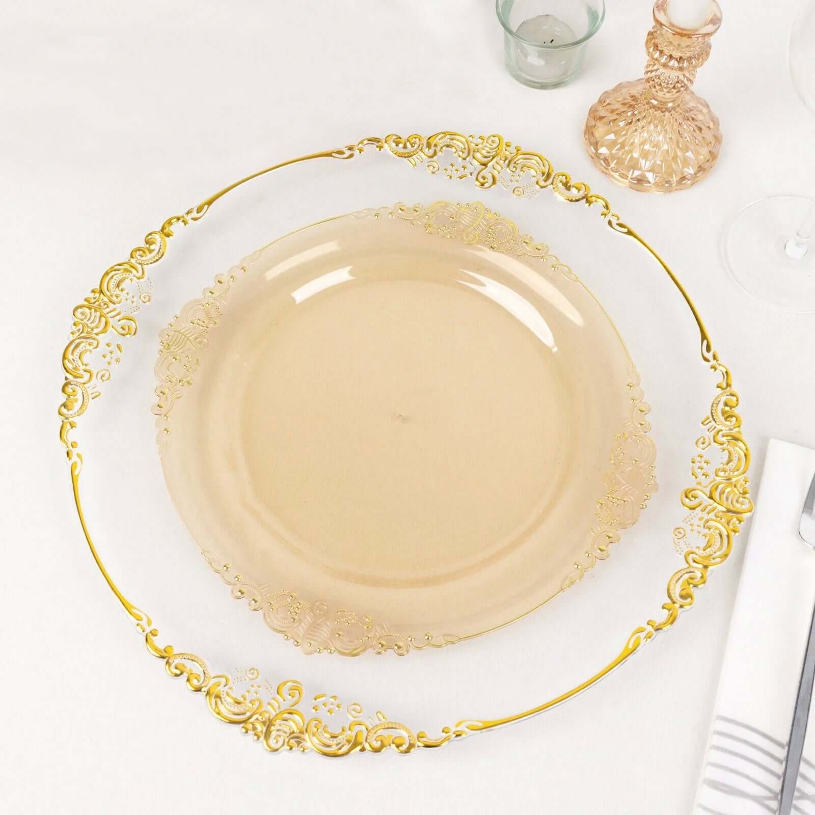 10-Pack Disposable Plastic Round Dinner Plates in Transparent Amber Gold with Gold Leaf Rim