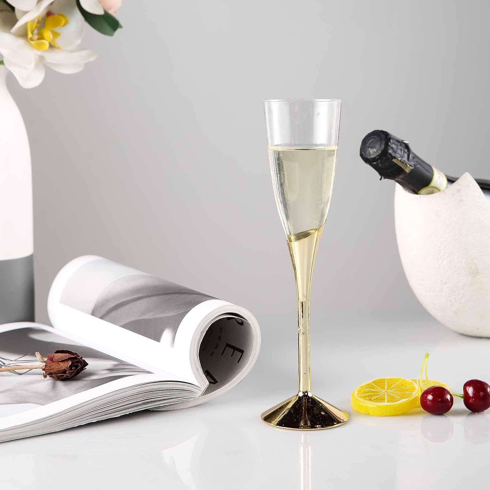 Amazing 6-Pack Disposable Plastic Champagne Flutes, 5oz Clear with Gold Base for Toasts