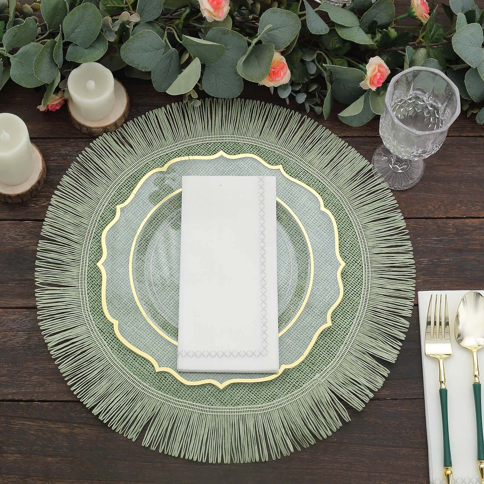 4-Piece Sage Green Jute Round Placemats with Fringe Edge - Rustic Boho Table Decor