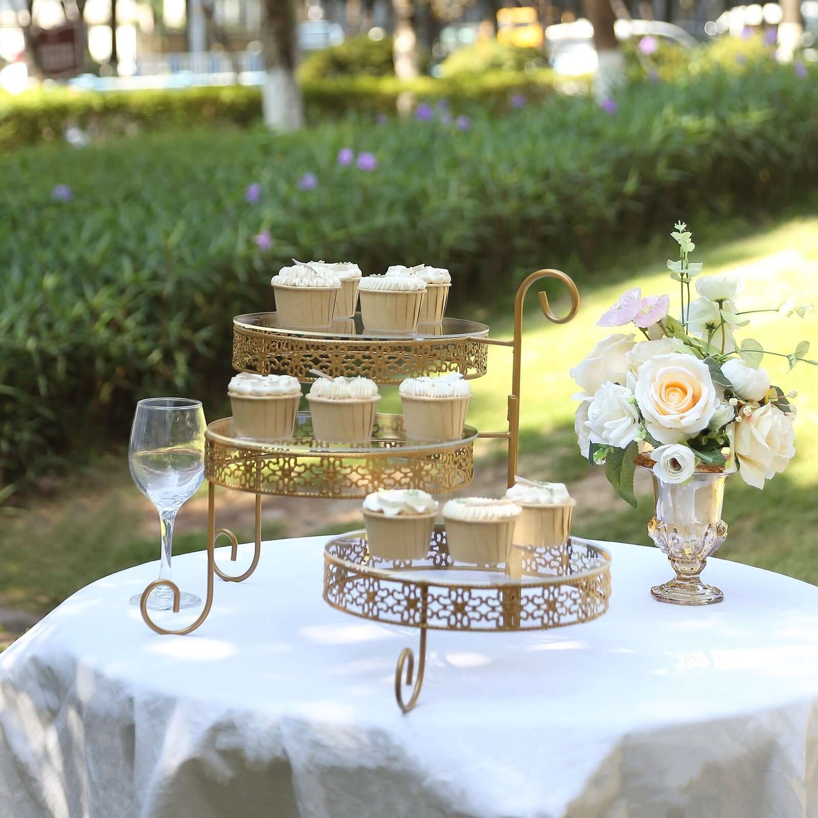 3-Tier Gold Metal Rotating Cupcake Stand with Clear Acrylic Plates - Hollow Lace Design