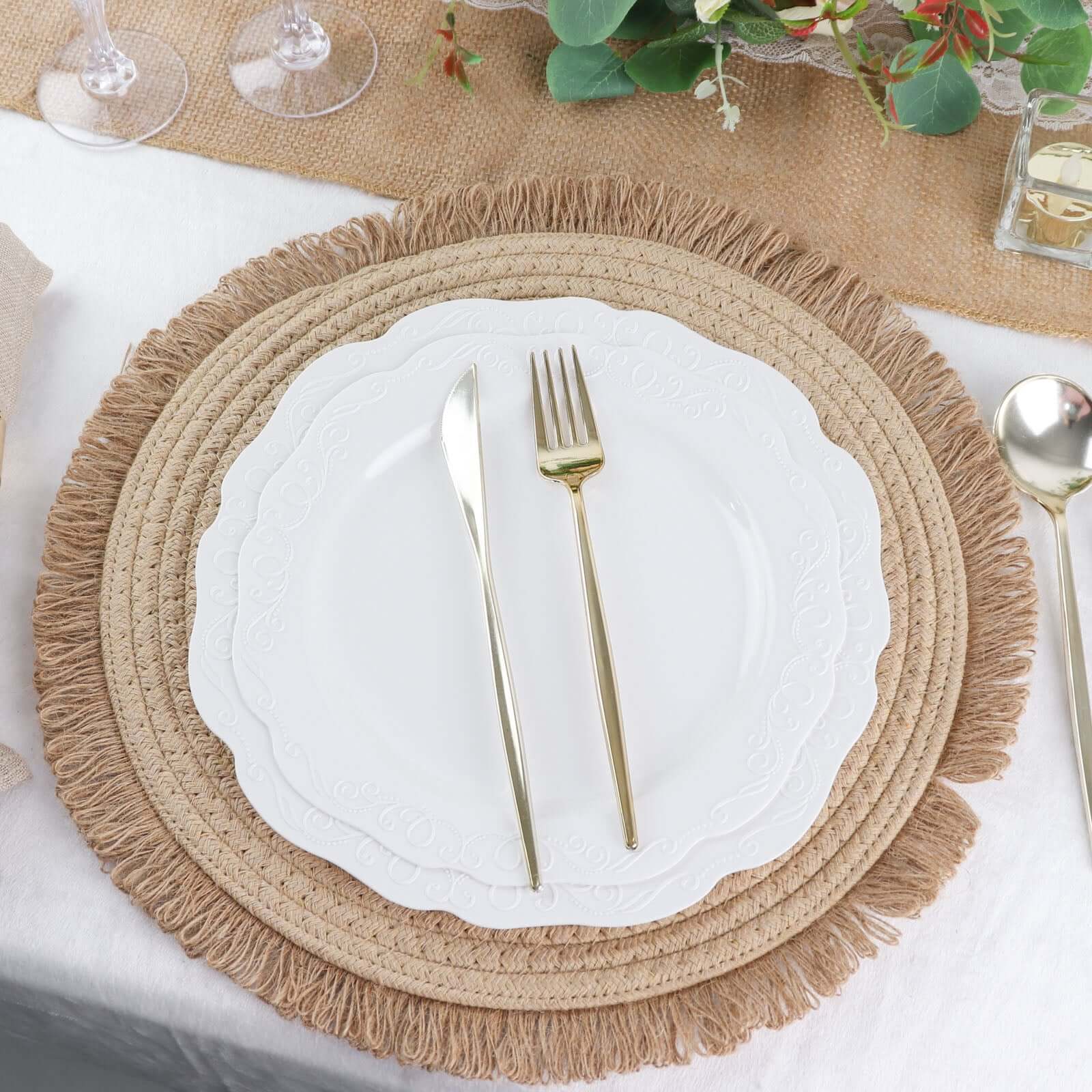 4-Pack Natural Rustic Burlap Jute Round Placemats with Fringed Edge - Farmhouse Style Table Decor