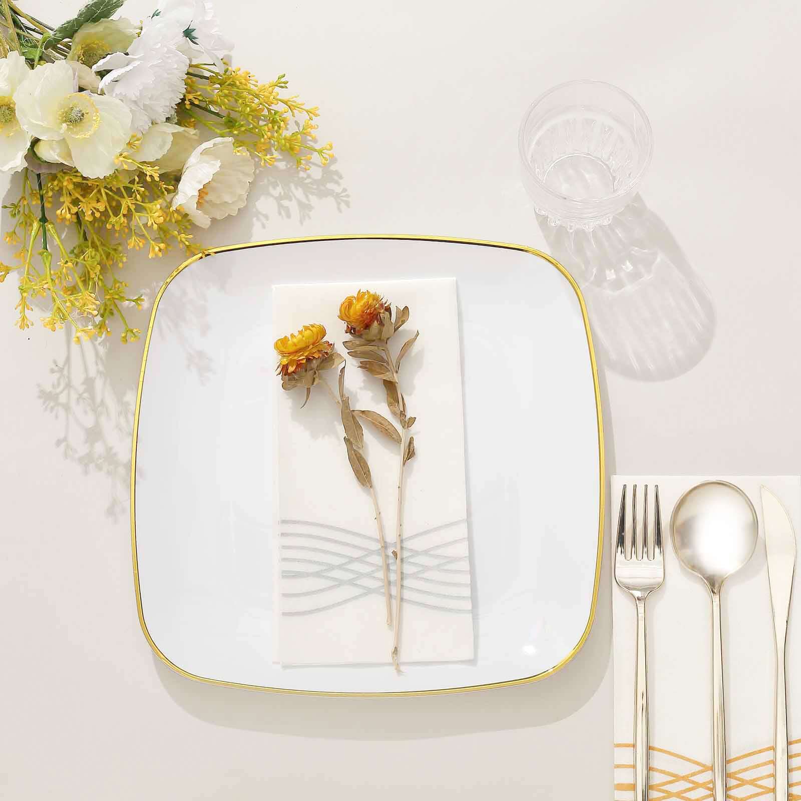 10-Pack White Plastic Dinner Plates with Gold Rim - Disposable for Weddings and Special Events