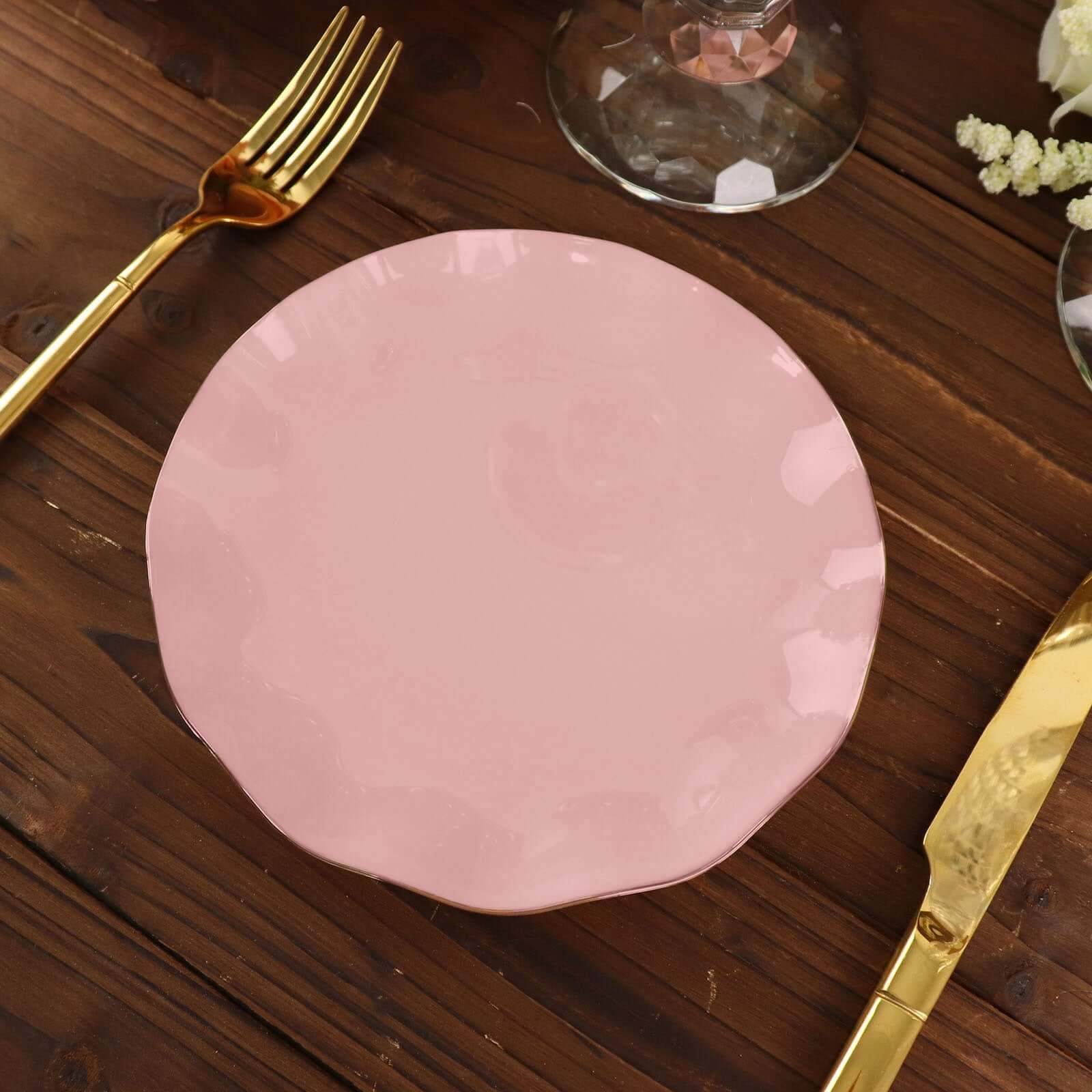 10-Pack Sturdy Disposable Dusty Rose Plastic Round Dessert Plates with Gold Ruffled Edging