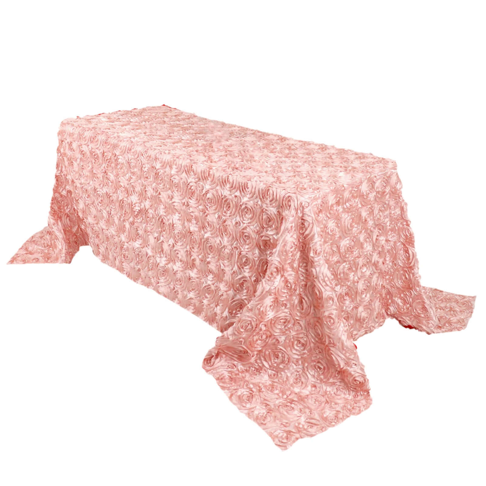 Luxurious Dusty Rose Satin 90x132 Rectangle Tablecloth with 3D Rosette Design
