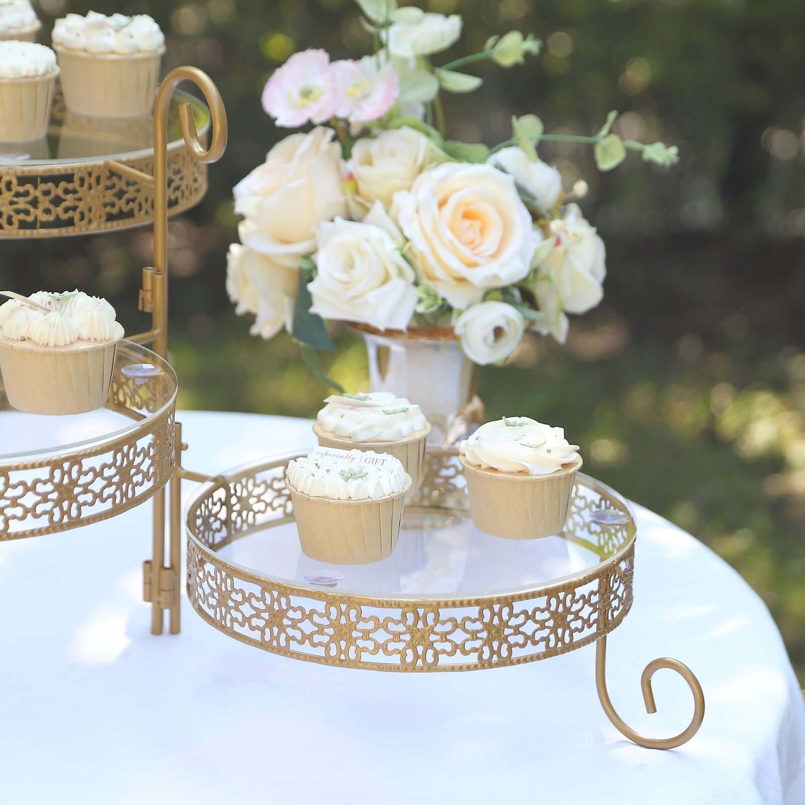 3-Tier Gold Metal Rotating Cupcake Stand with Clear Acrylic Plates - Hollow Lace Design