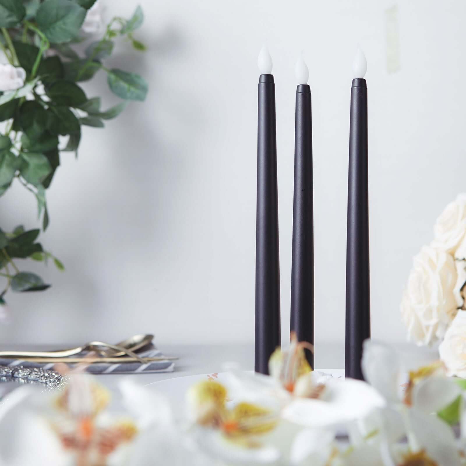 3-Pack Black Flameless Taper LED Decorative Candles with Warm Flickering Light - Ideal for Various Occasions