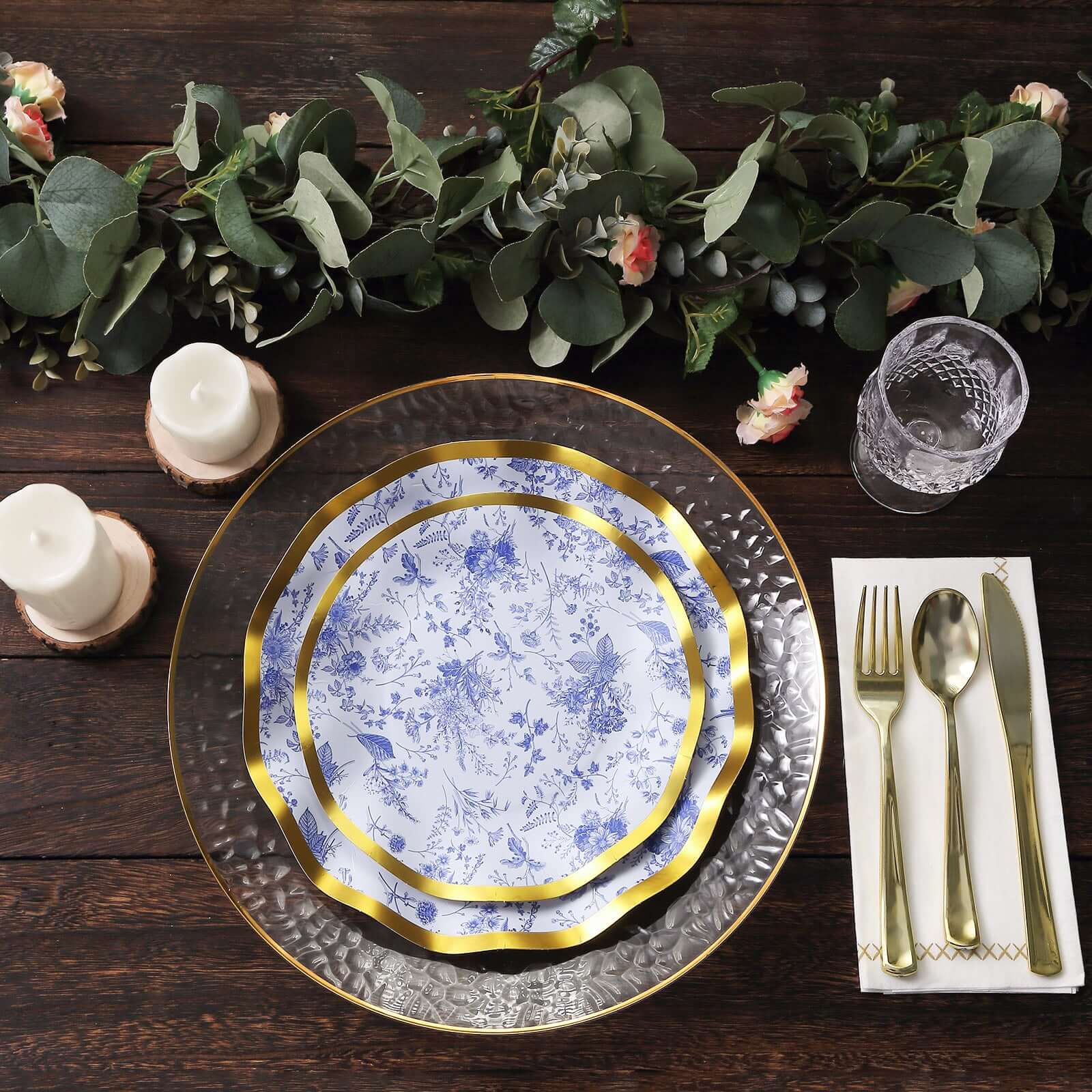 25-Pack Disposable 8-Inch Round White Salad Plates with Blue French Toile Pattern and Gold Wavy Rim - High-Quality Deal