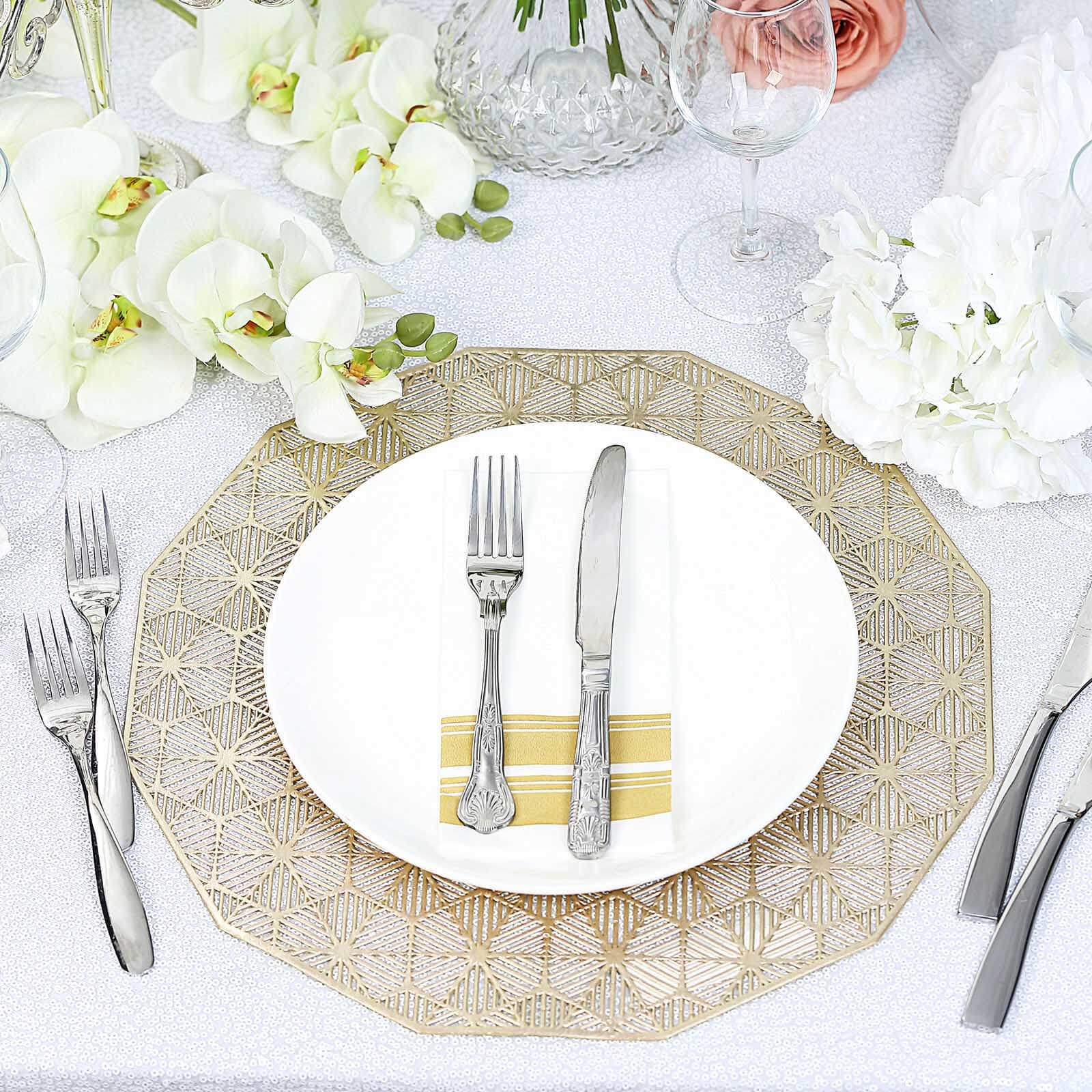 6-Piece Gold Geometric Woven Vinyl Dining Table Mats with Non-Slip Surface, 15 Inches