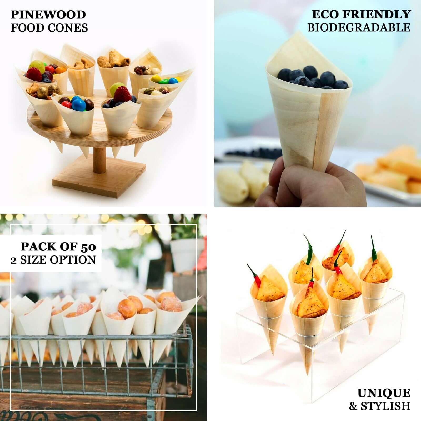 Get 50-Pack Eco-Friendly Natural Pine Wood Disposable Food Tasting and Serving Cones, 6 Inches