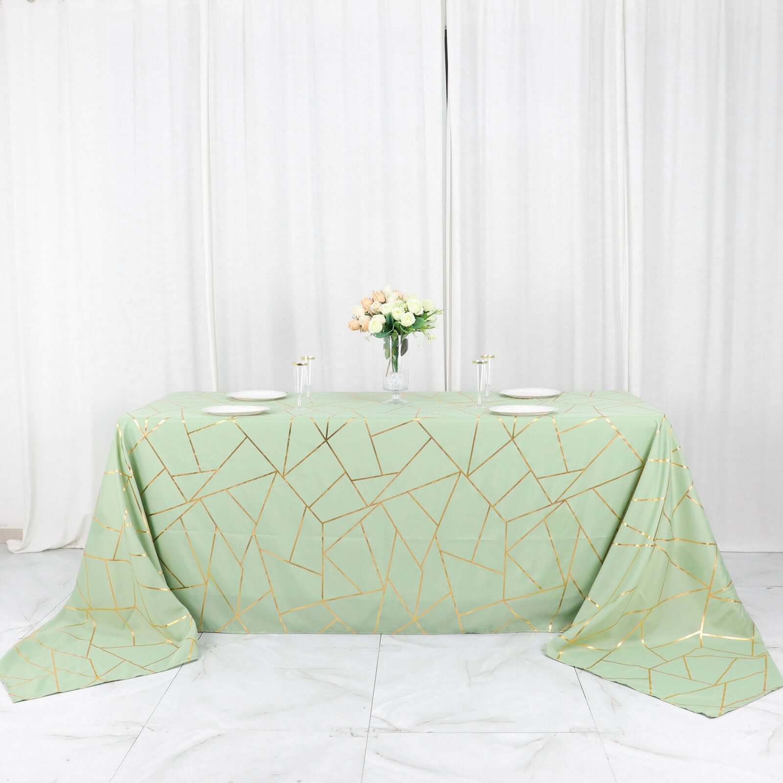 Hot Sale! Wrinkle-Resistant Polyester Rectangle Tablecloth in Sage Green with Gold Foil Geometric Pattern for Elegant Events