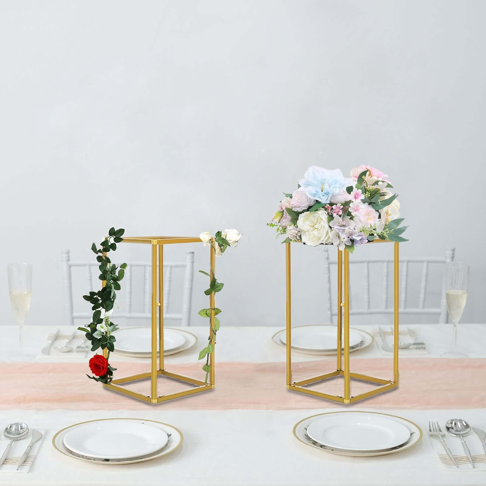 2-Pack Gold Metal Rectangular Geometric Column Frame Wedding Flower Stand - Ideal for Elegant Arrangements
