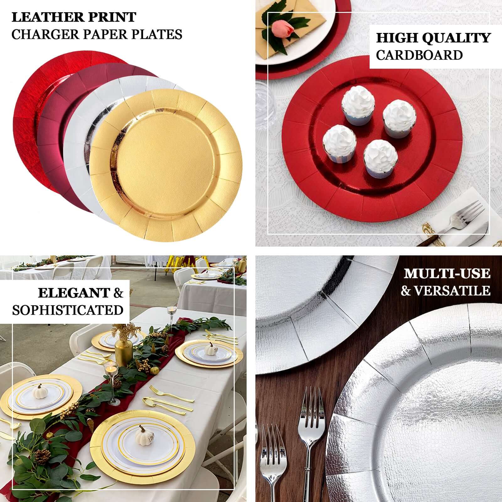10-Pack Disposable Red Round Charger Plates with Leathery Look - 1100GSM Durable Cardboard Placemats (13" Outer)