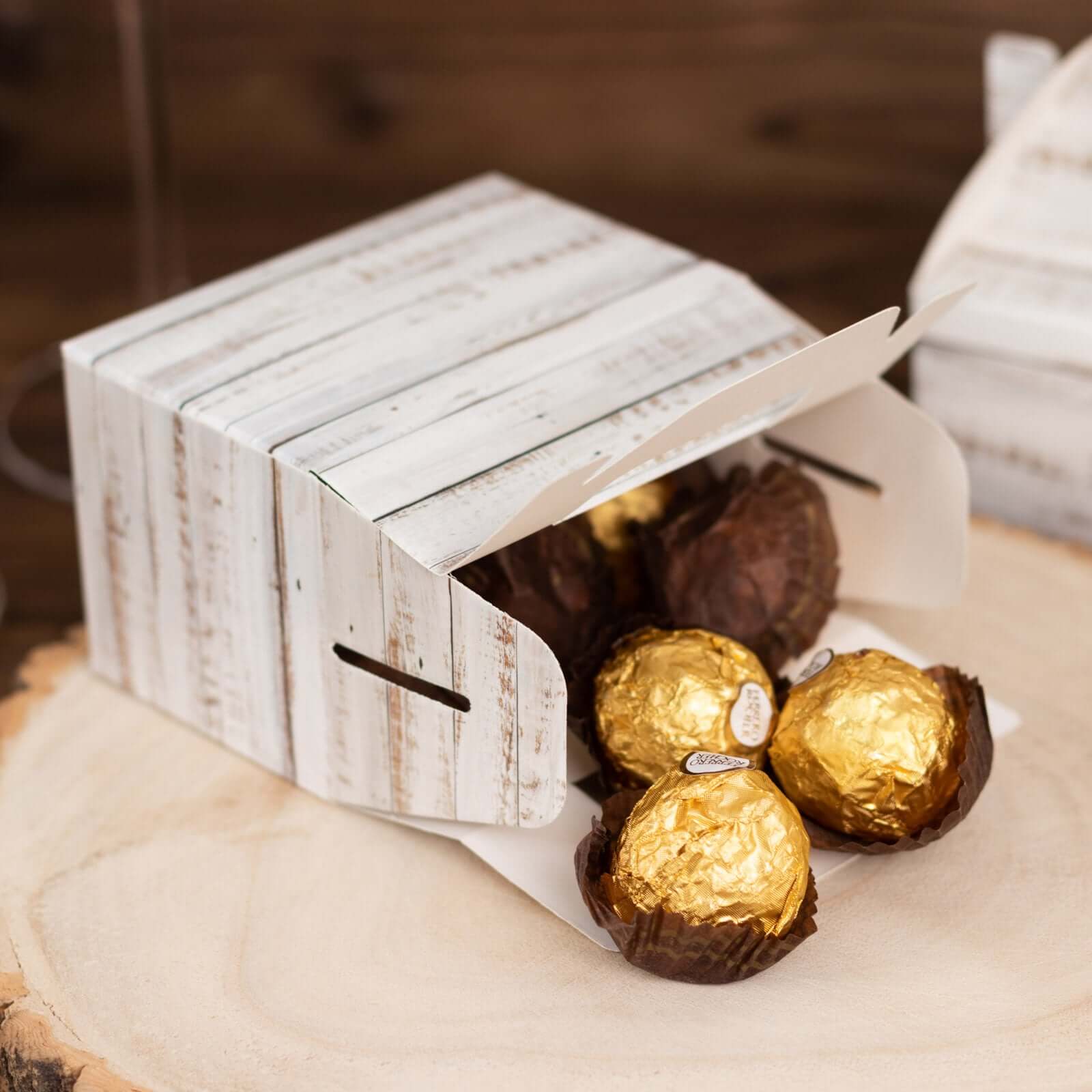 Get 25-Pack Rustic White Candy Gift Tote Gable Boxes with Wood Pattern