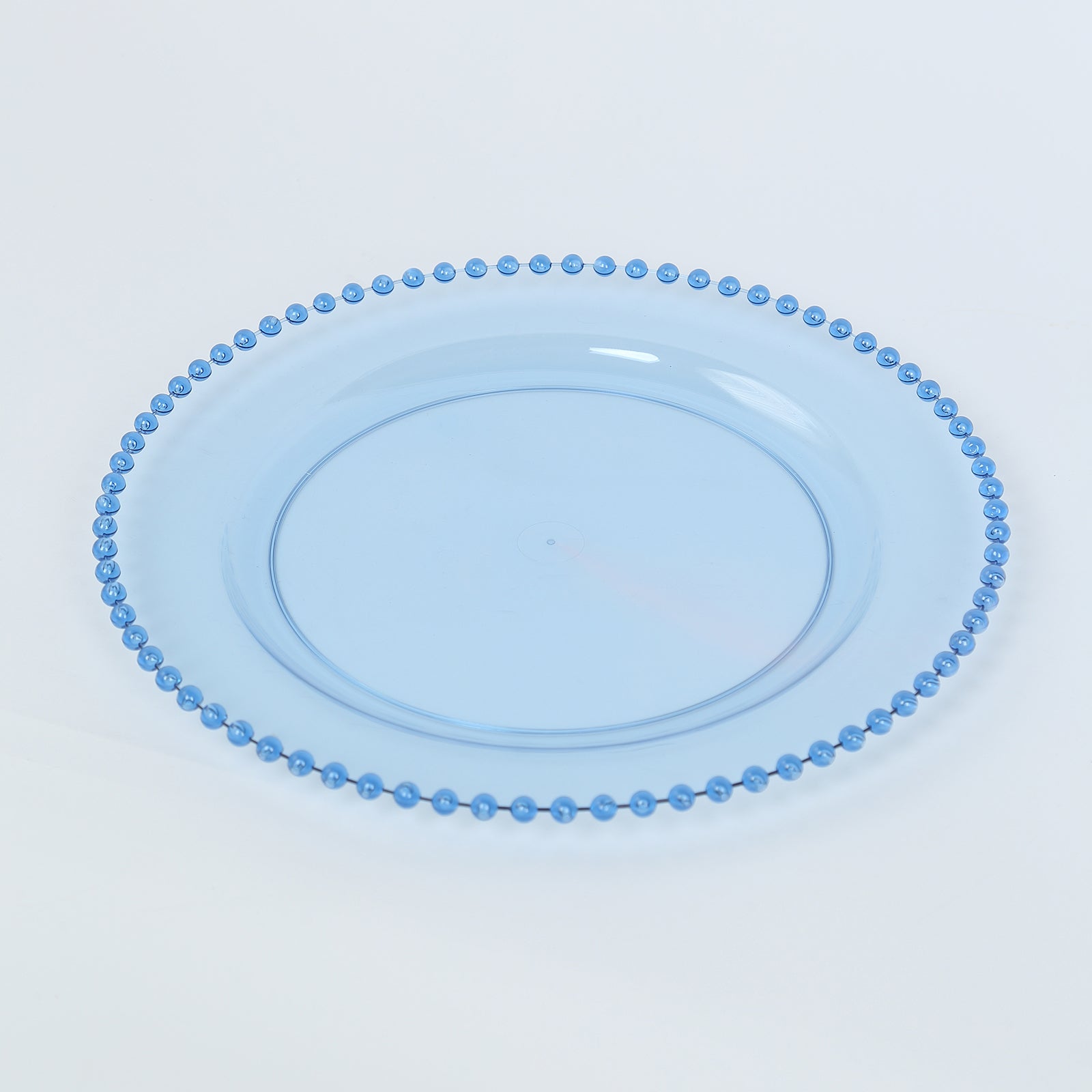 10-Piece Set of Disposable Round Plastic Dinner Plates in Transparent Dusty Blue with Beaded Edge