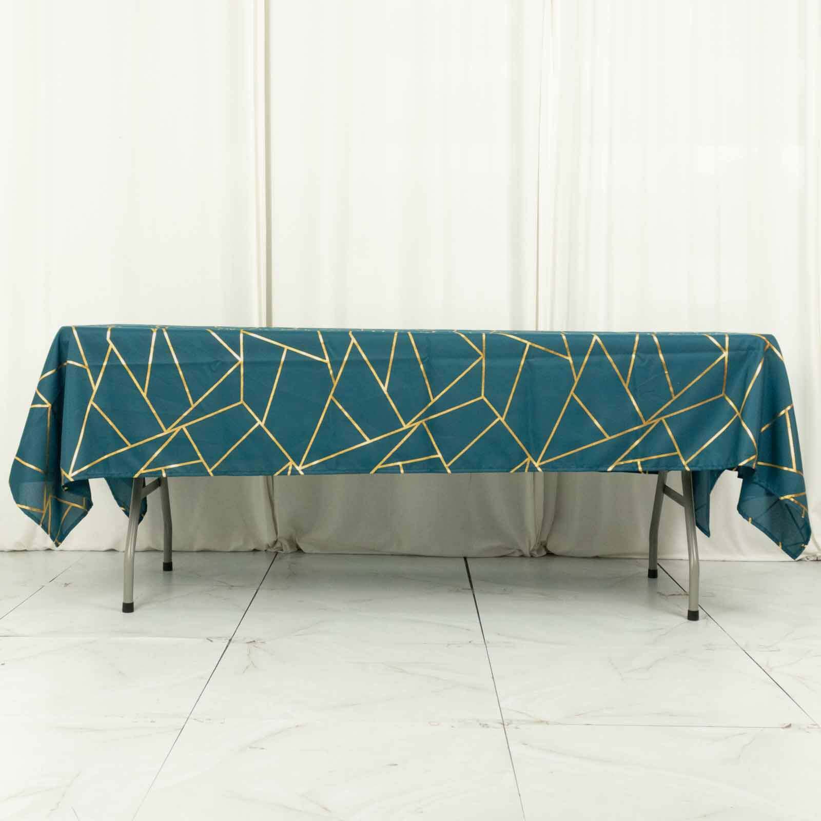 Wrinkle-Resistant & Durable Polyester Tablecloth: 60x102 Rectangle in Peacock Teal with Gold Foil Geometric Pattern