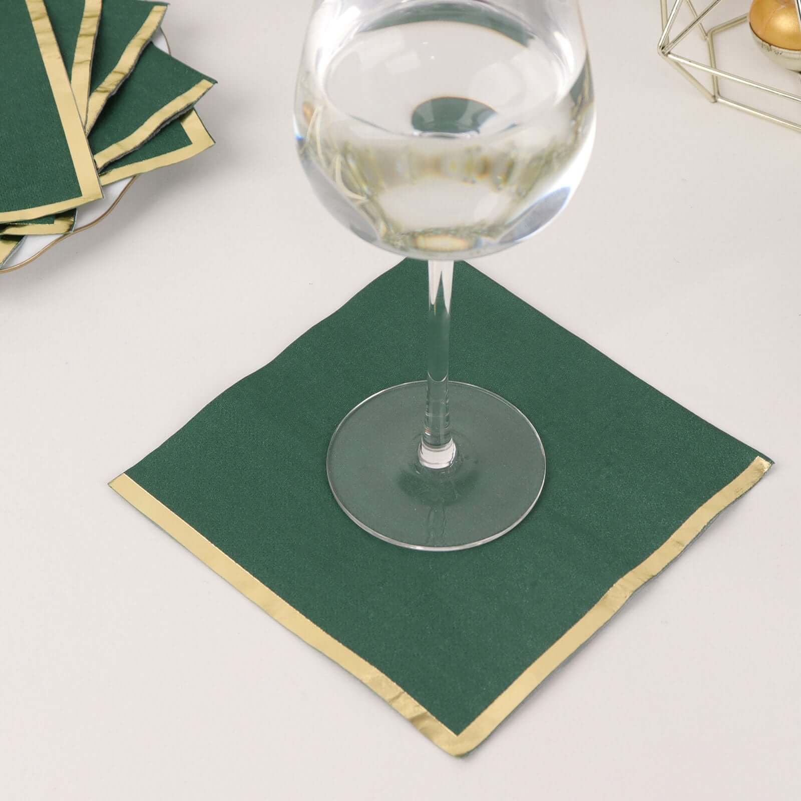 50-Piece Disposable 2-Ply Hunter Emerald Green Paper Cocktail Napkins with Gold Foil Edge, 6.5x6.5