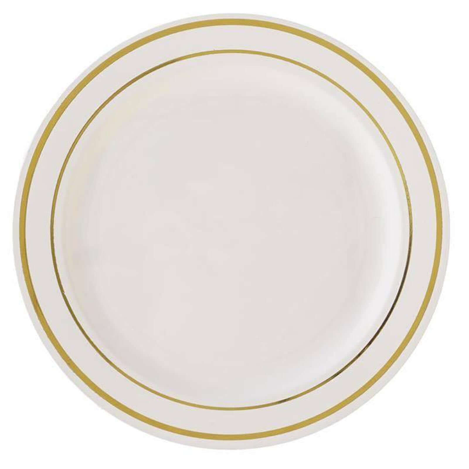 10-Piece Set of Disposable Ivory Plastic Dessert Plates with Stylish Gold Rim, 8 Inches