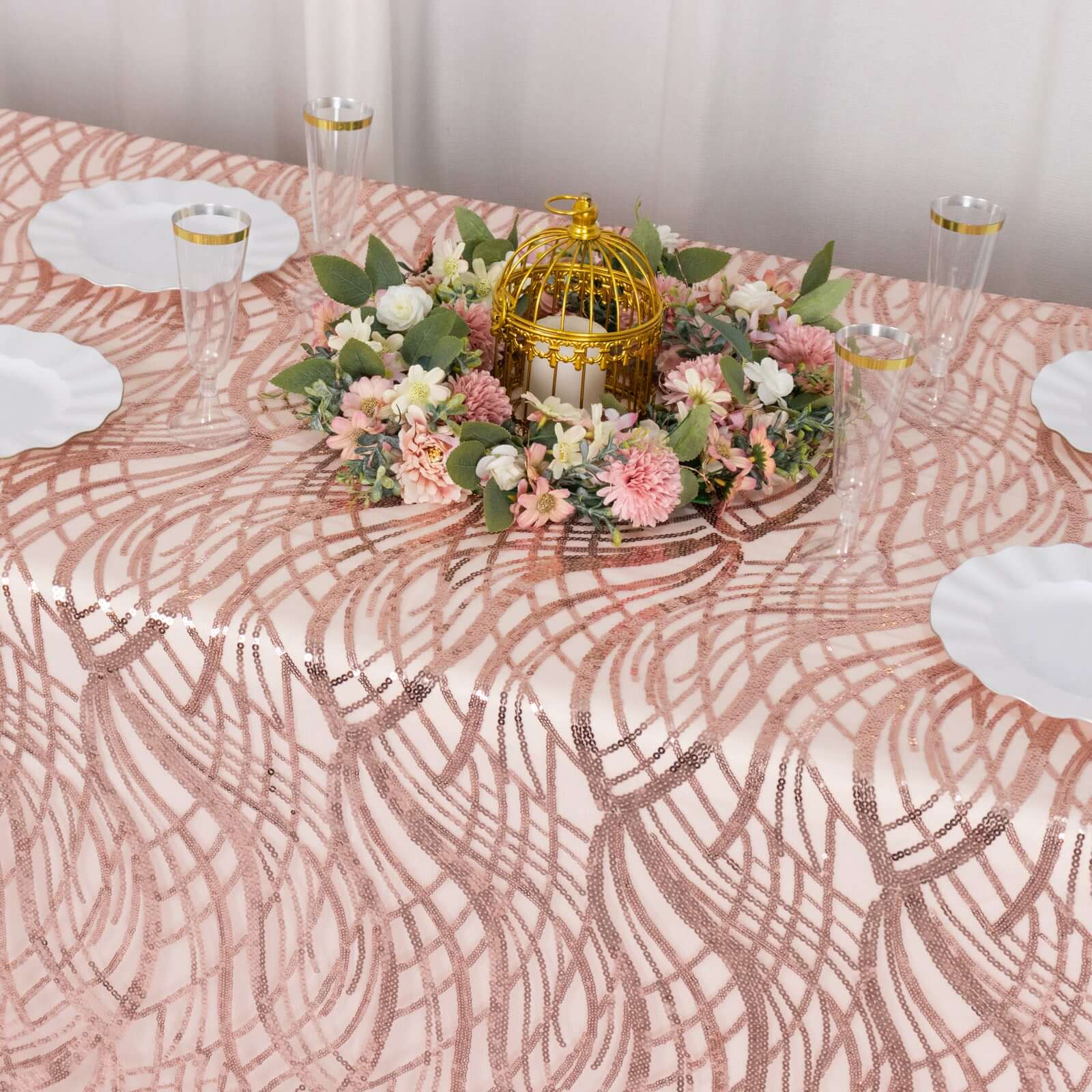 Sparkly Rose Gold Sequin Embroidered Mesh Rectangle Tablecloth (90x156) for Special Events