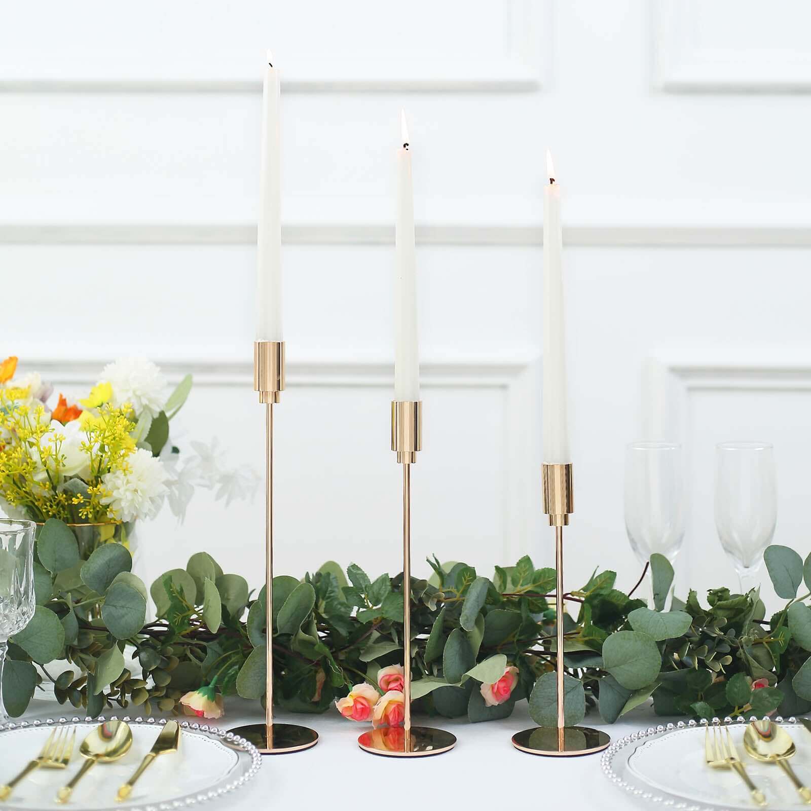 Gold Metal Set of 3 Taper Candle Stands with Round Base - Ideal for Weddings