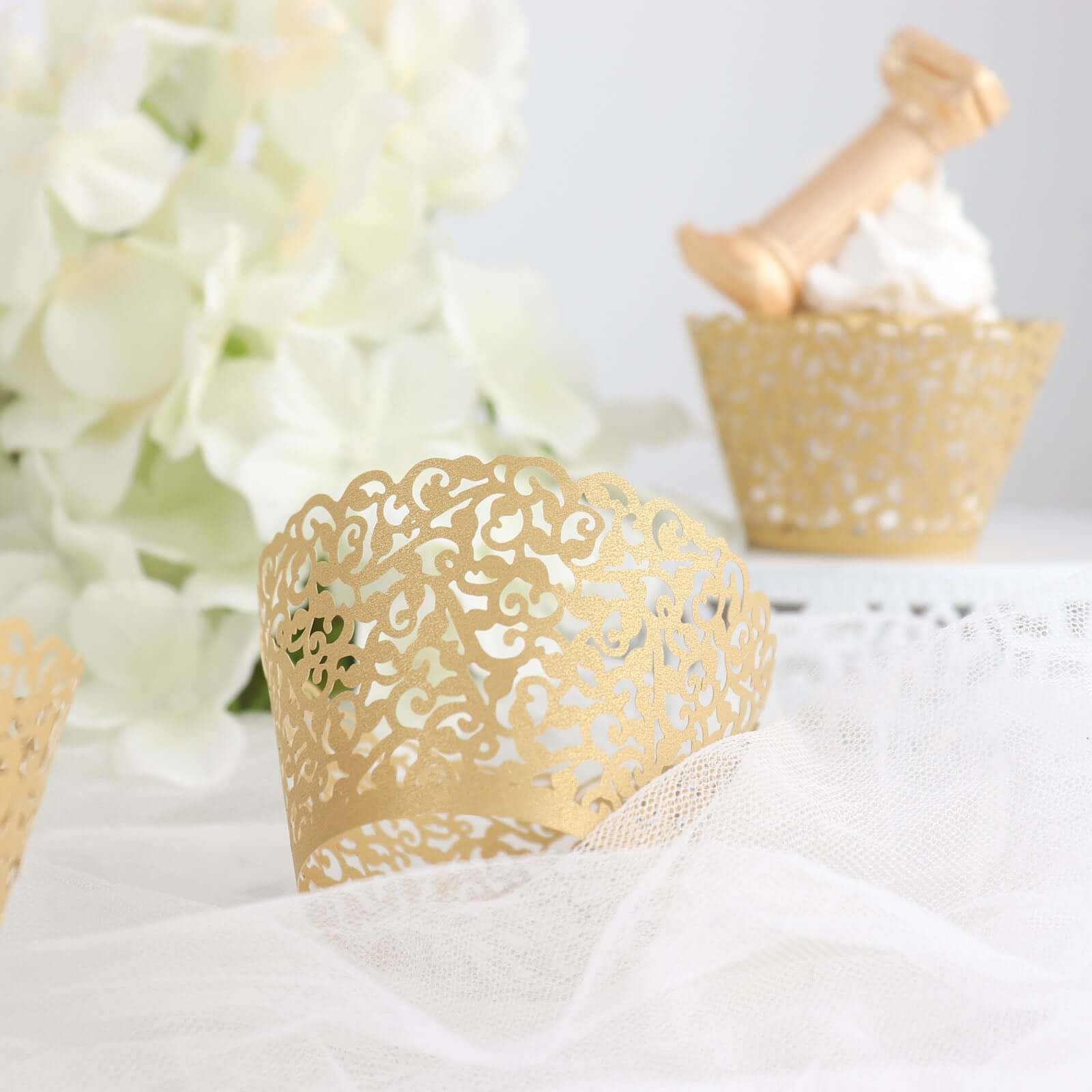 25-Piece Gold Lace Laser-Cut Paper Cupcake Wrappers for Event Baking