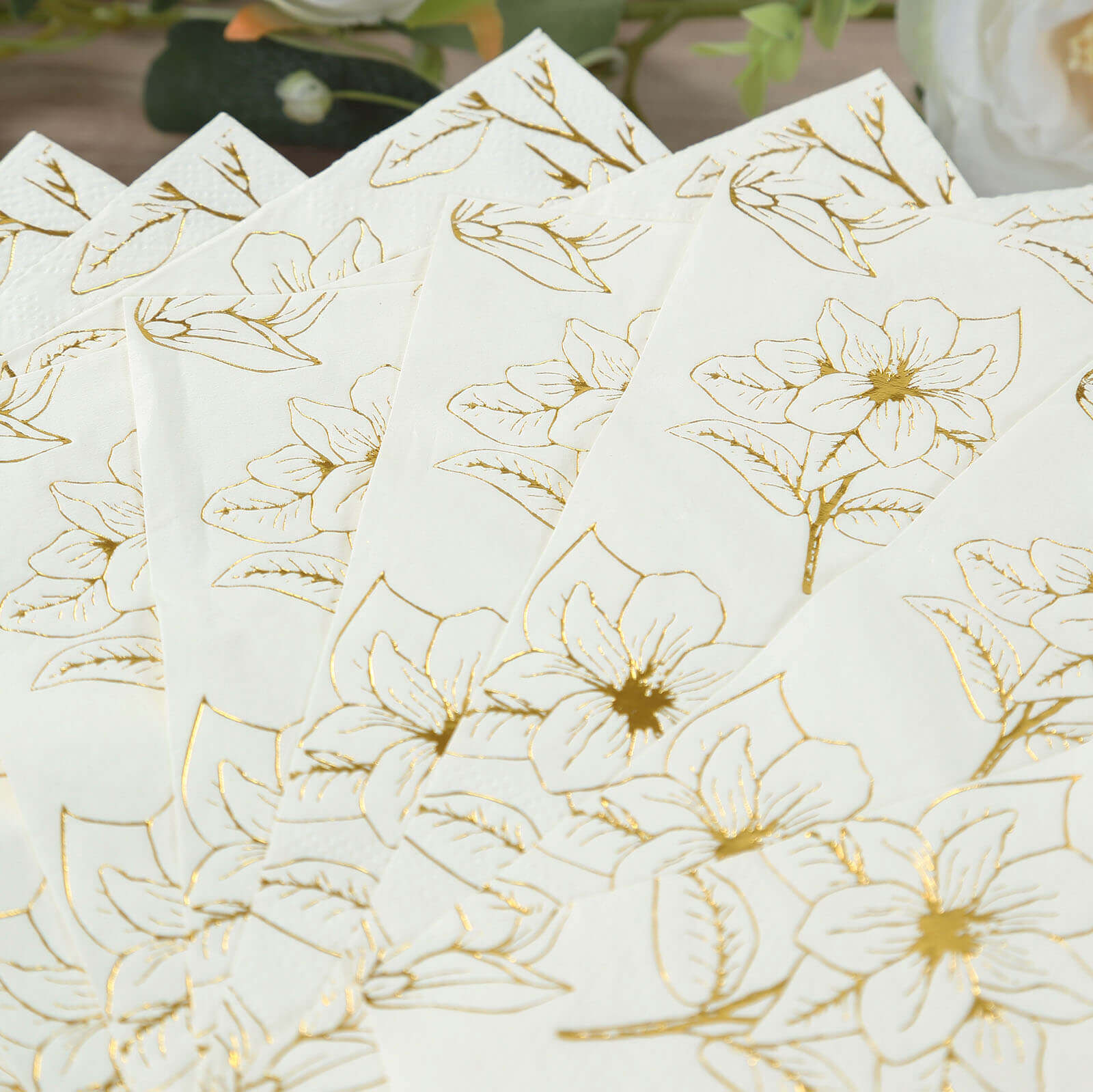 50-Pack 2-Ply Absorbent Soft White Paper Cocktail Napkins with Gold Magnolia Prints