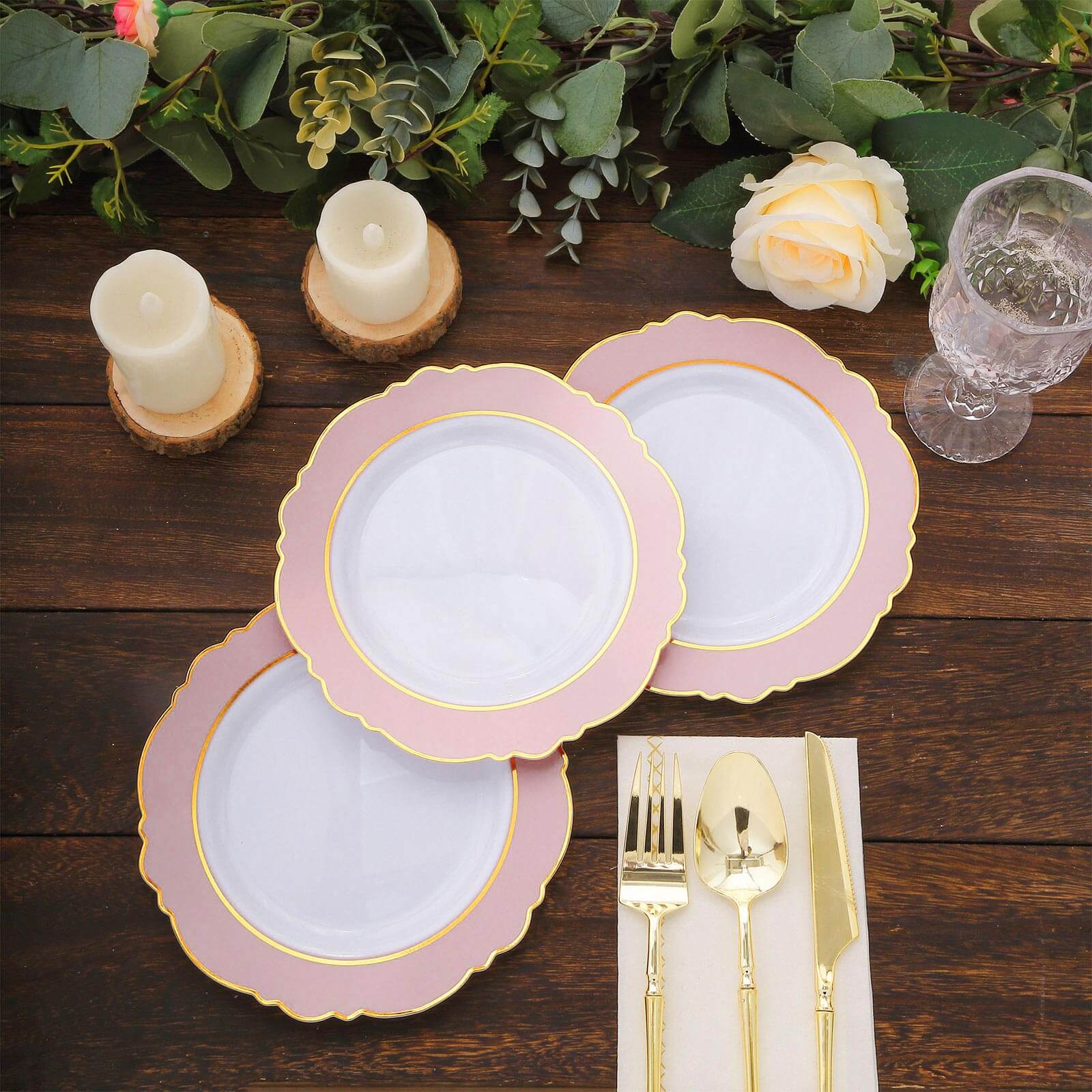 10-Pack Disposable White Plastic Dessert Plates with Blush Blossom & Gold Edging