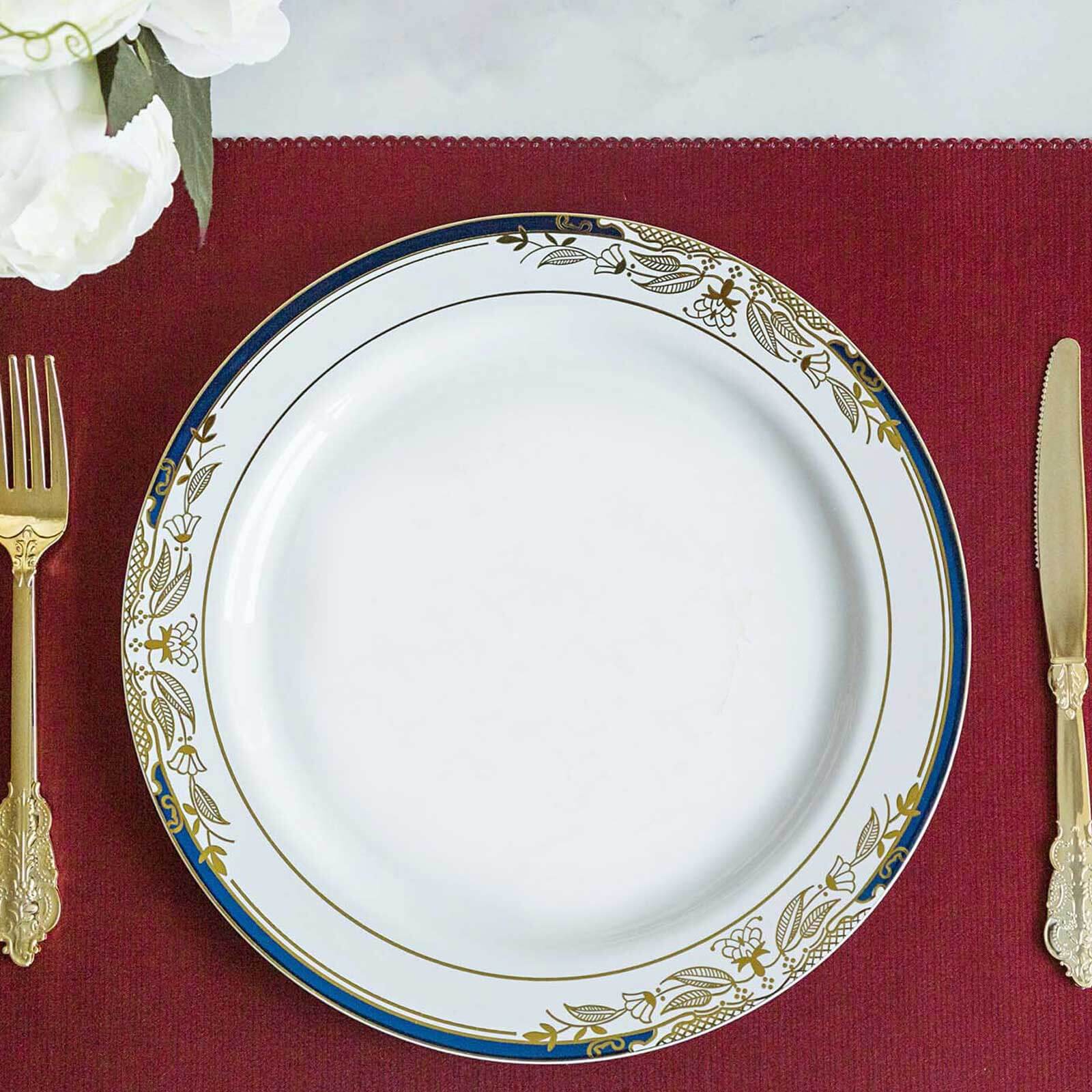 10-Pack Disposable White Dinner Plates with Royal Blue Rim and Gold Vine Design for Special Events