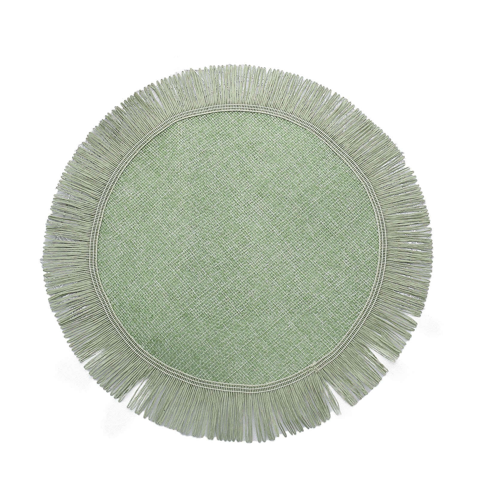 4-Piece Sage Green Jute Round Placemats with Fringe Edge - Rustic Boho Table Decor