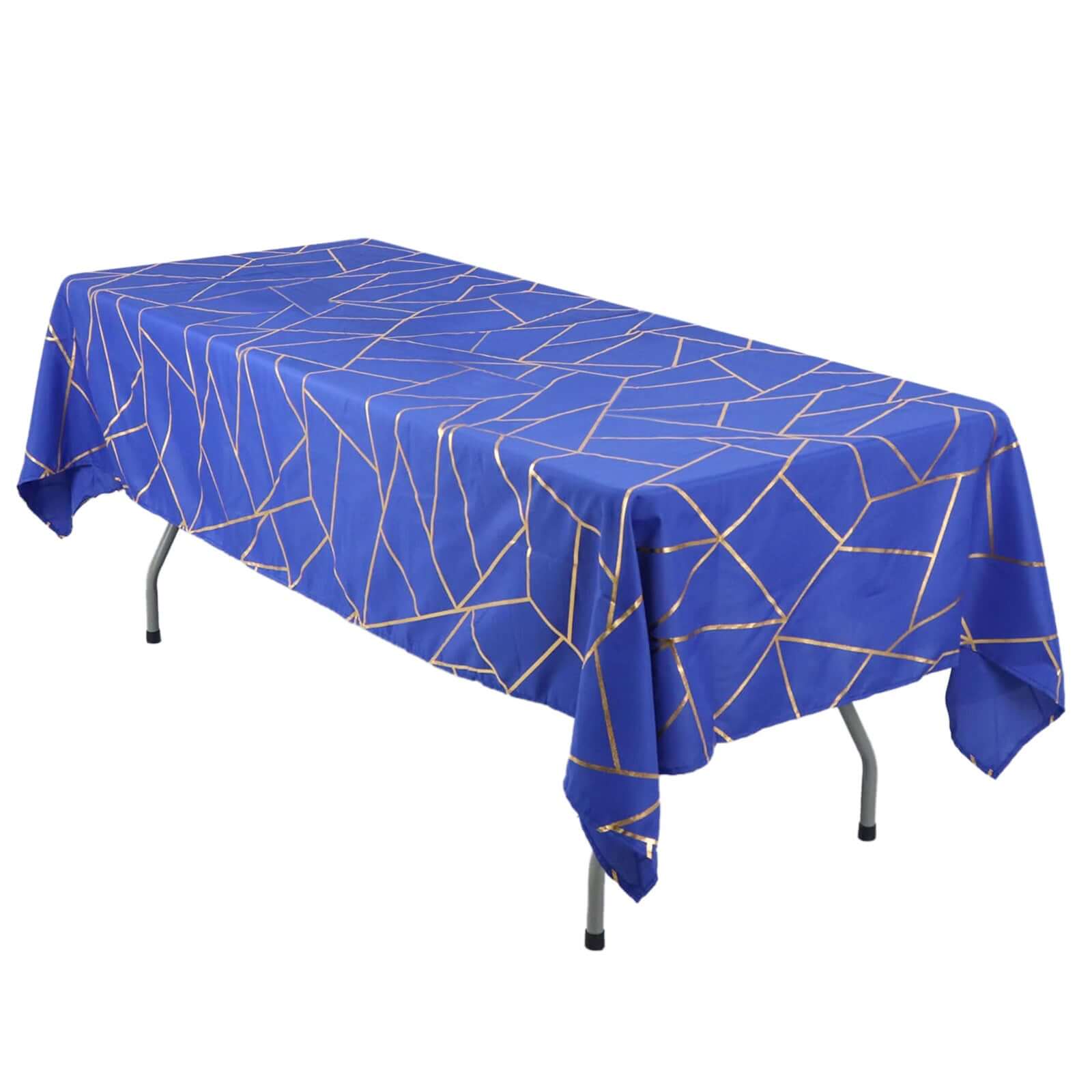 Wrinkle-Resistant & Durable Royal Blue Polyester Tablecloth with Gold Foil Geometric Pattern (60x102)