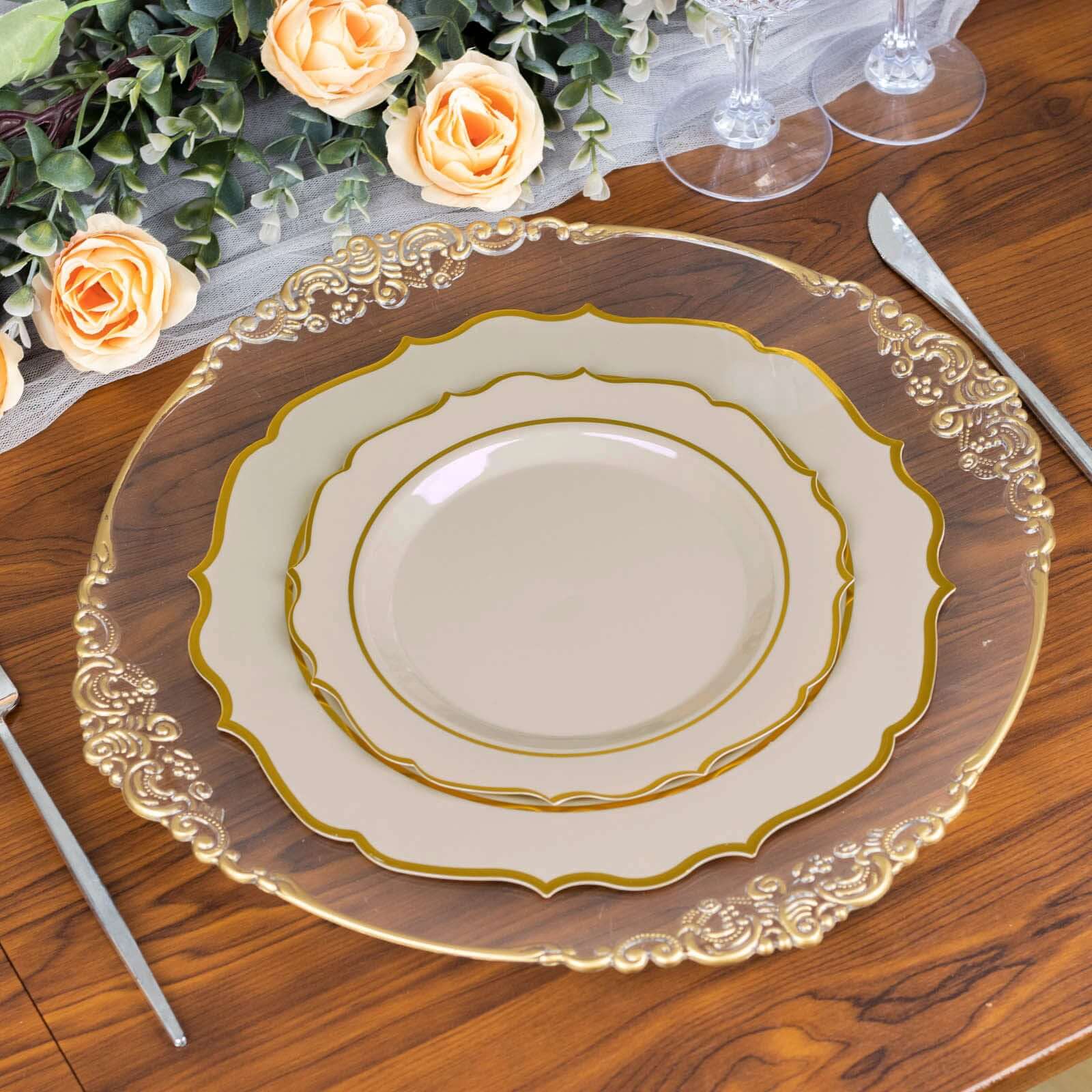 Hot Sale! 10-Piece Disposable Plastic Round Dinner Plates in Taupe with Gold Scalloped Rims