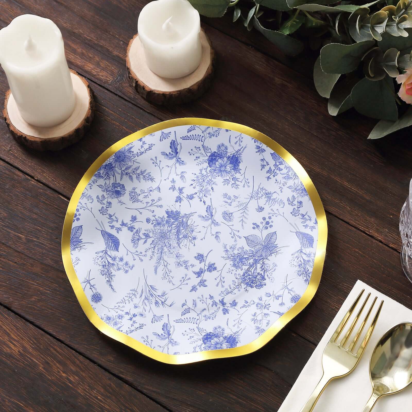 25-Pack Disposable 8-Inch Round White Salad Plates with Blue French Toile Pattern and Gold Wavy Rim - High-Quality Deal