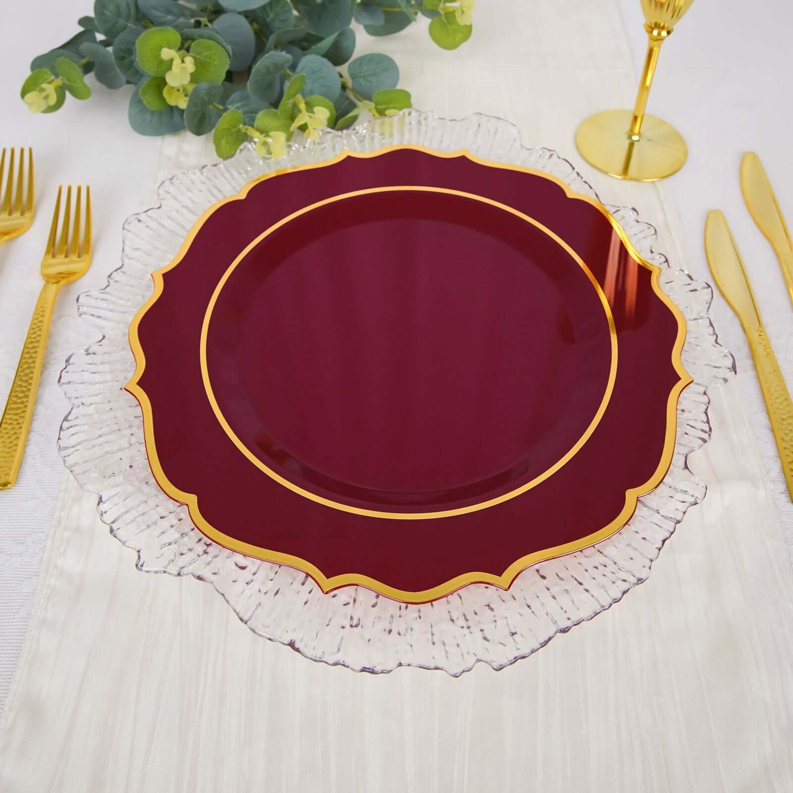 10-Pack Disposable Burgundy Plastic Round Dinner Plates with Gold Scalloped Rim - Ideal for Parties