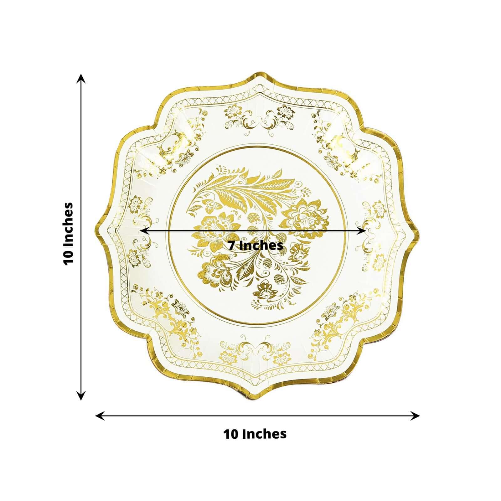 25-Piece Set of Elegant White and Gold Damask Floral Disposable Paper Dinner Plates, 10-Inch Size