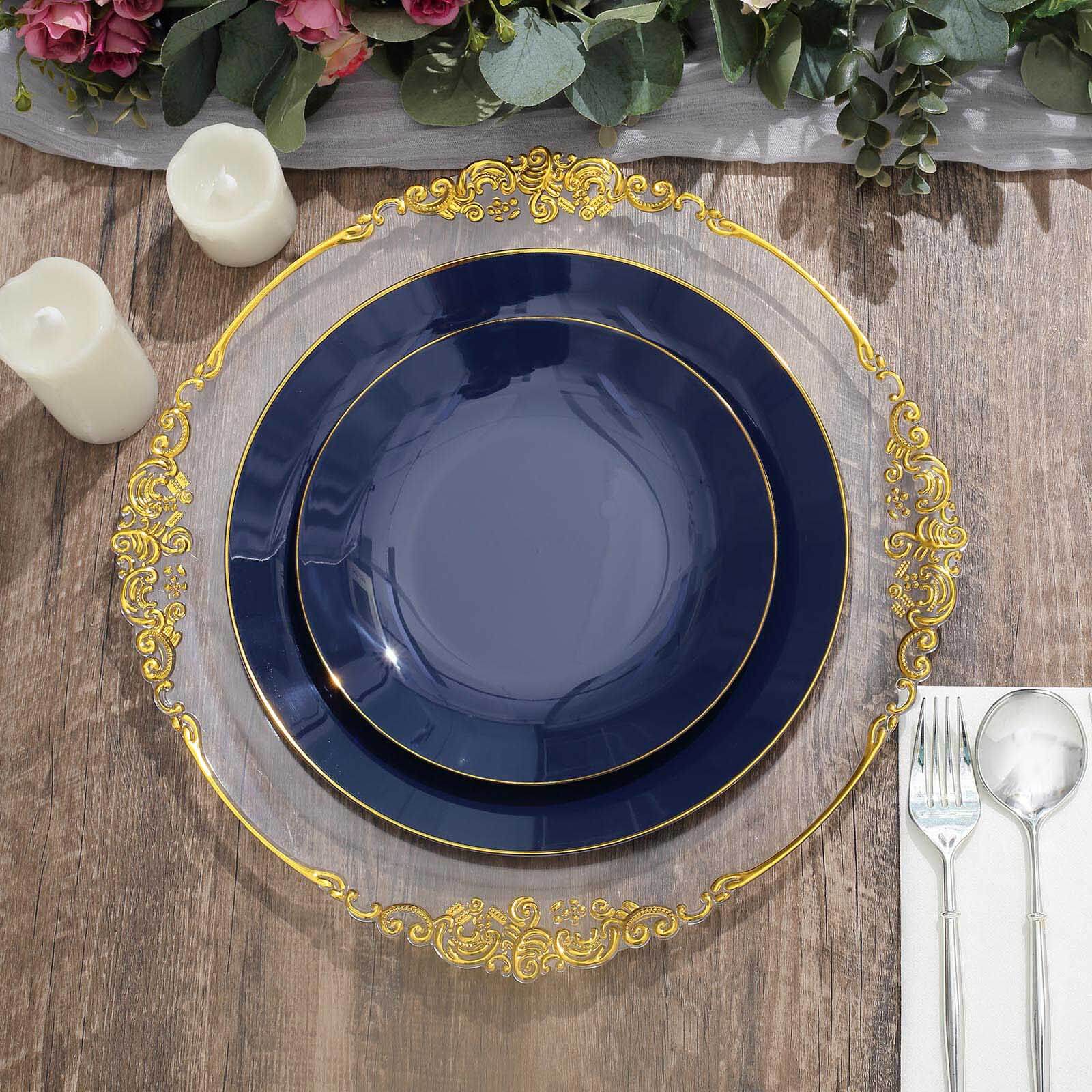 10-Pack Navy Blue Plastic Round Dinner Plates with Gold Rim - Disposable for Party