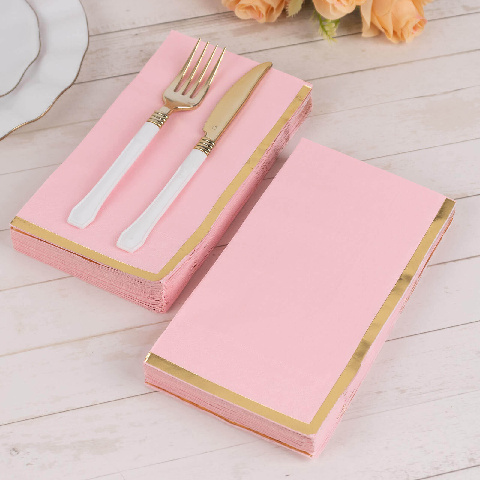 50-Piece 2-Ply Pink Paper Dinner Napkins with Stylish Gold Foil Edge