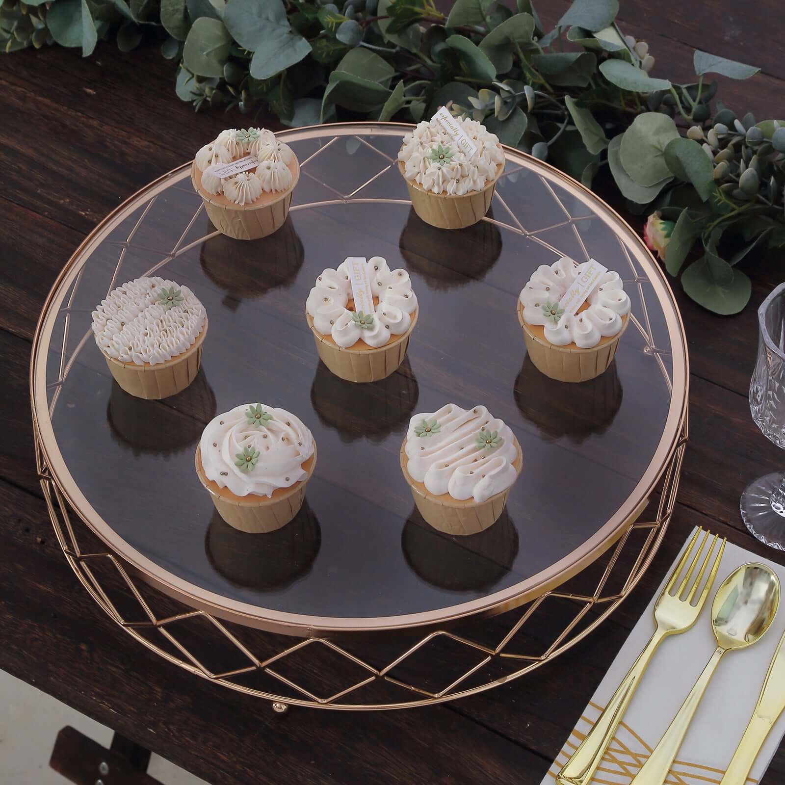 14-Inch Gold Metal Cake Stand with Geometric Diamond Cut Design and Glass Top for Dessert Display