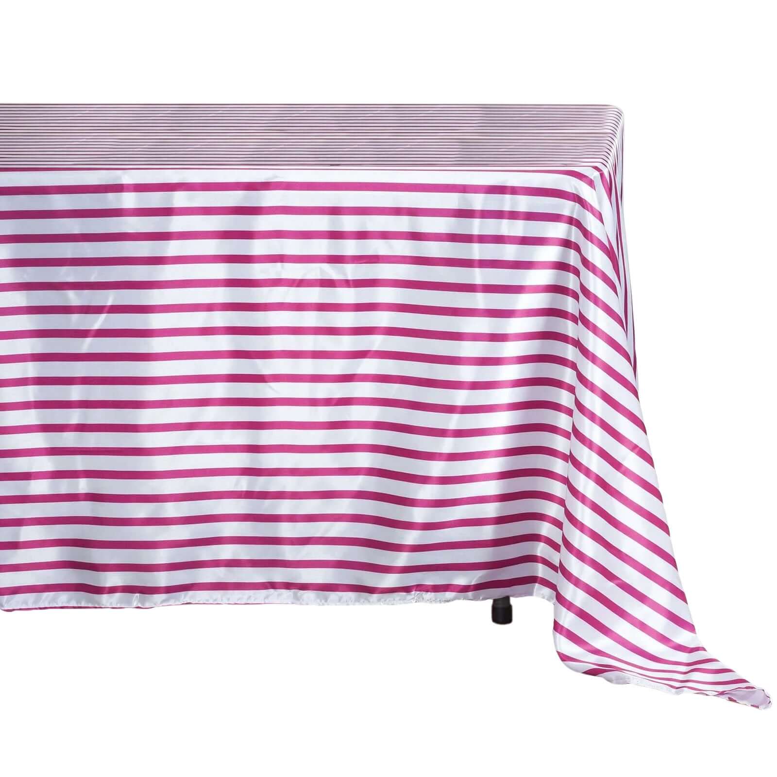 60x102 Rectangle Satin Tablecloth in White/Fuchsia Stripes with Silky Finish