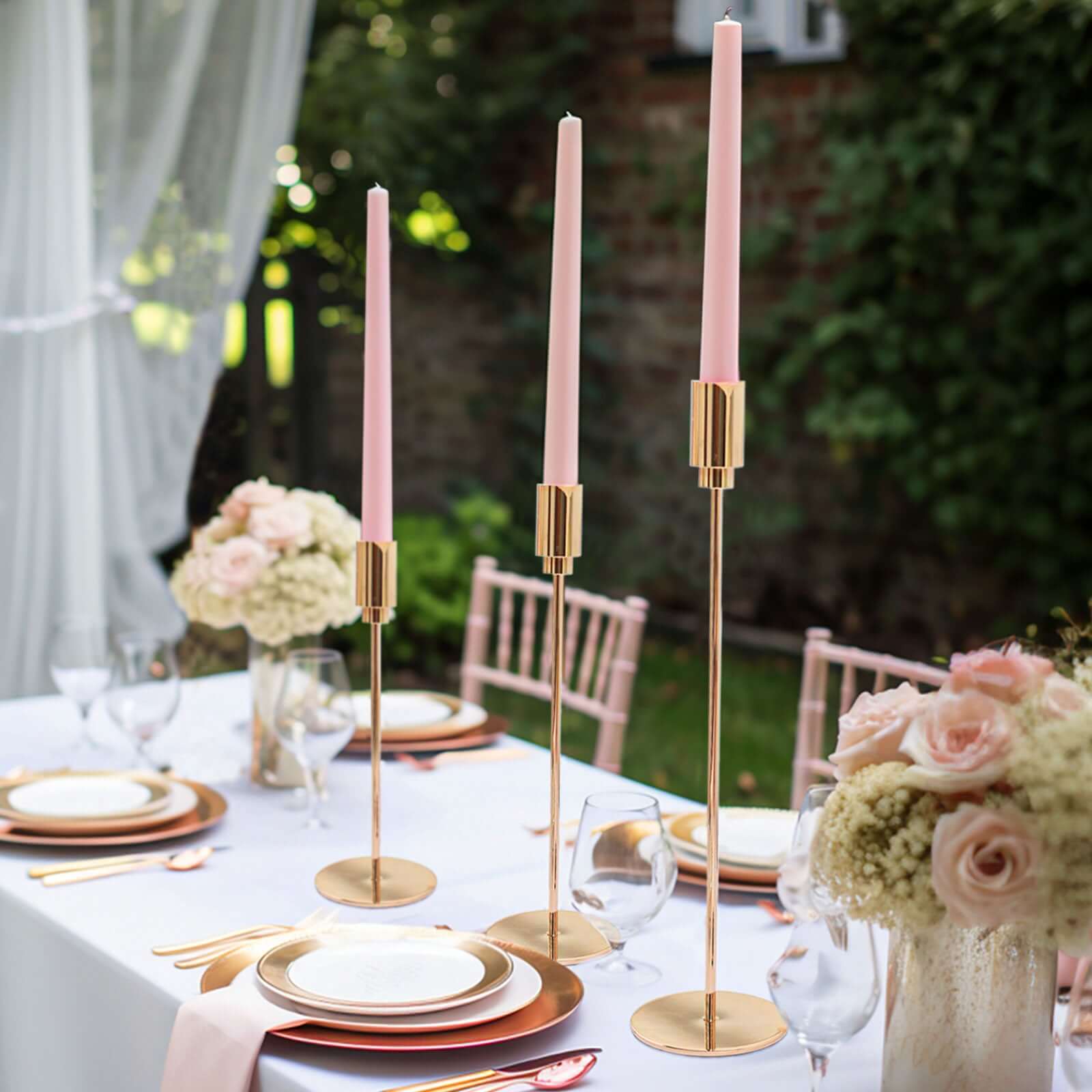 Gold Metal Set of 3 Taper Candle Stands with Round Base - Ideal for Weddings