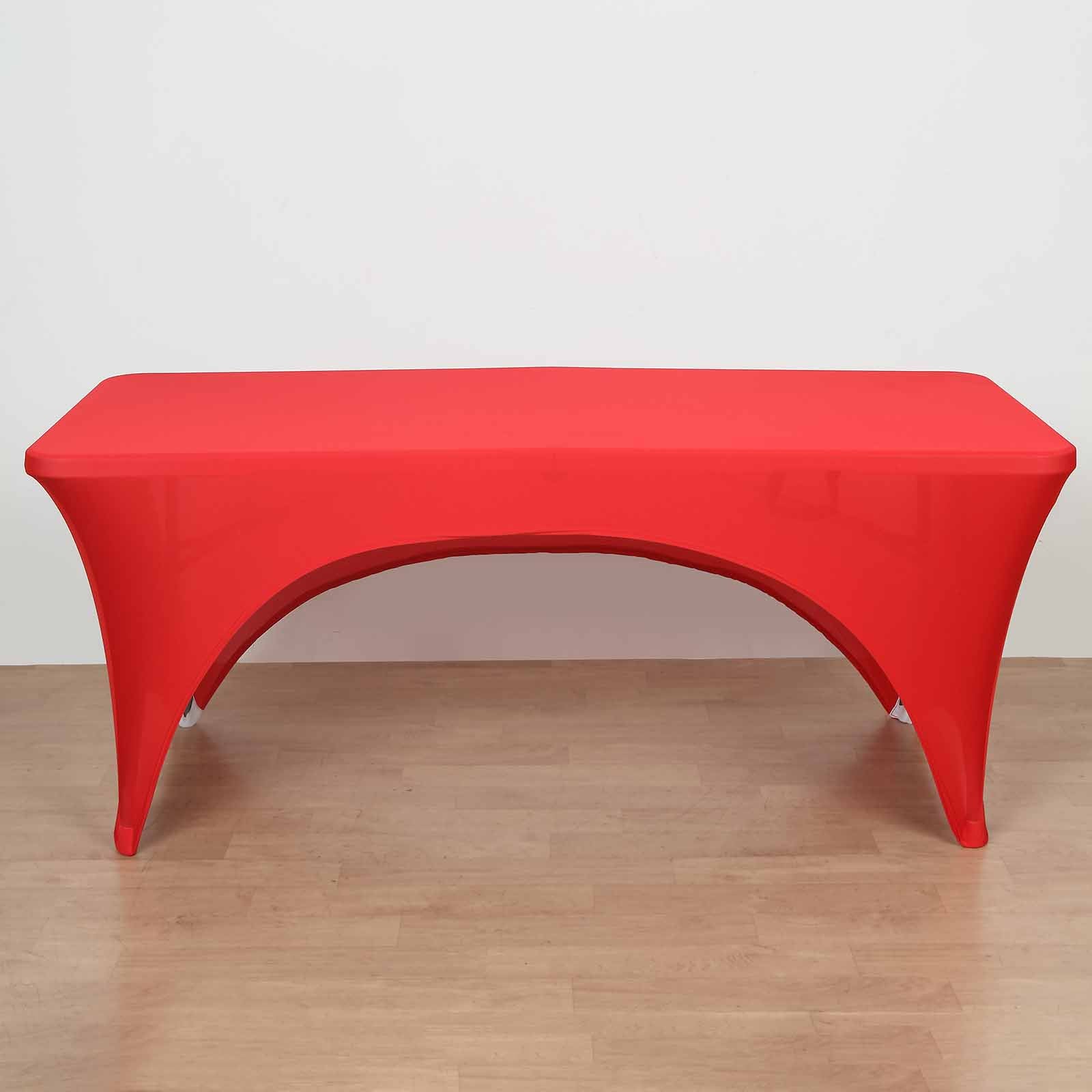 Red Stretch Spandex 96x30 Rectangle Table Cover with Curved Open Back for Professional Look