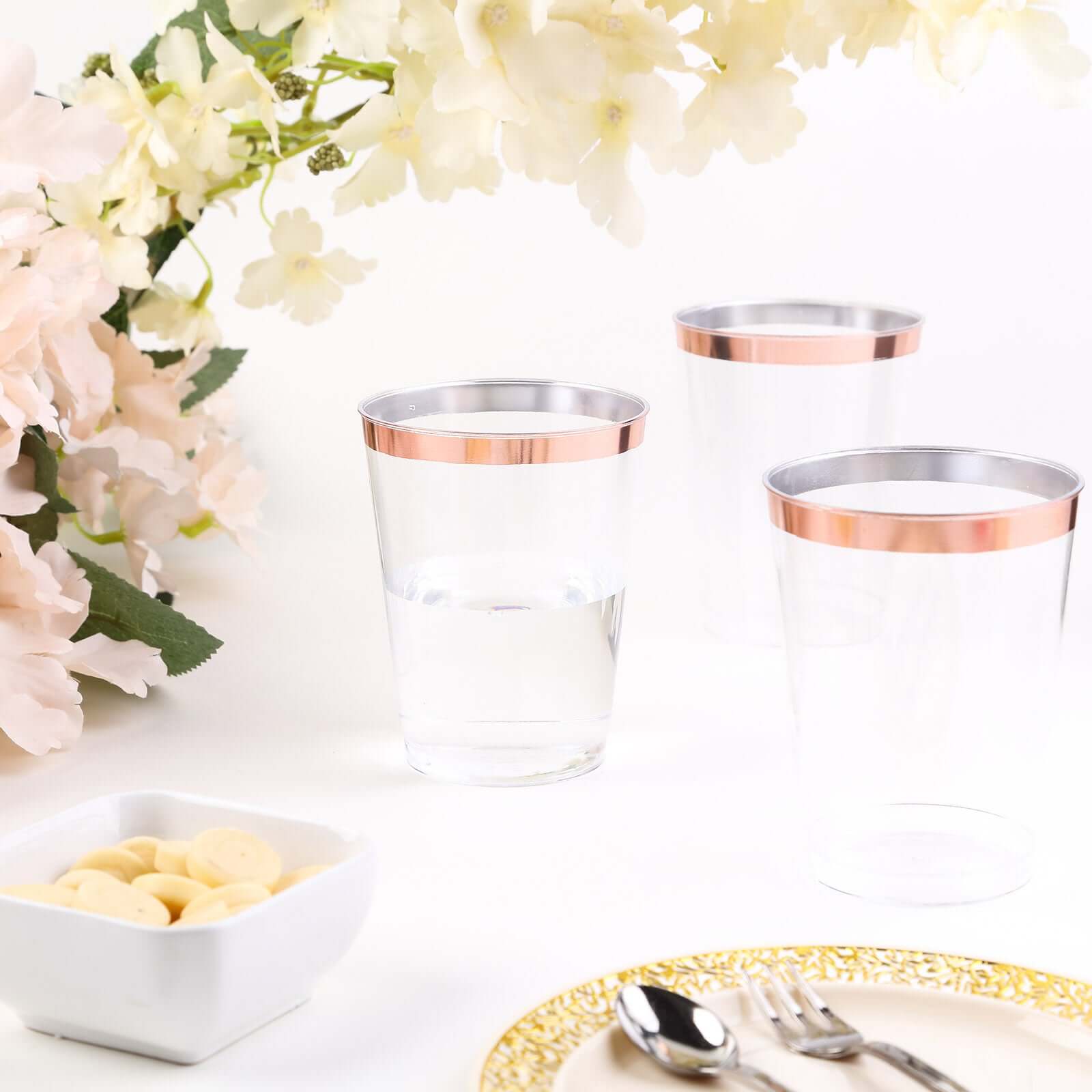 Hot Deal! 12-Pack Durable Disposable Plastic Party Cups with Rose Gold Rim, 10oz for Special Occasions