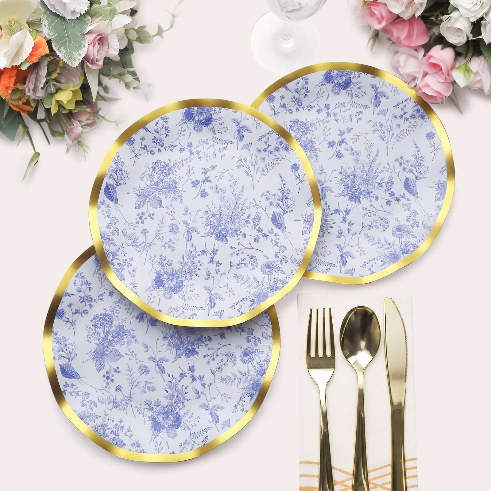 25-Pack Disposable 8-Inch Round White Salad Plates with Blue French Toile Pattern and Gold Wavy Rim - High-Quality Deal