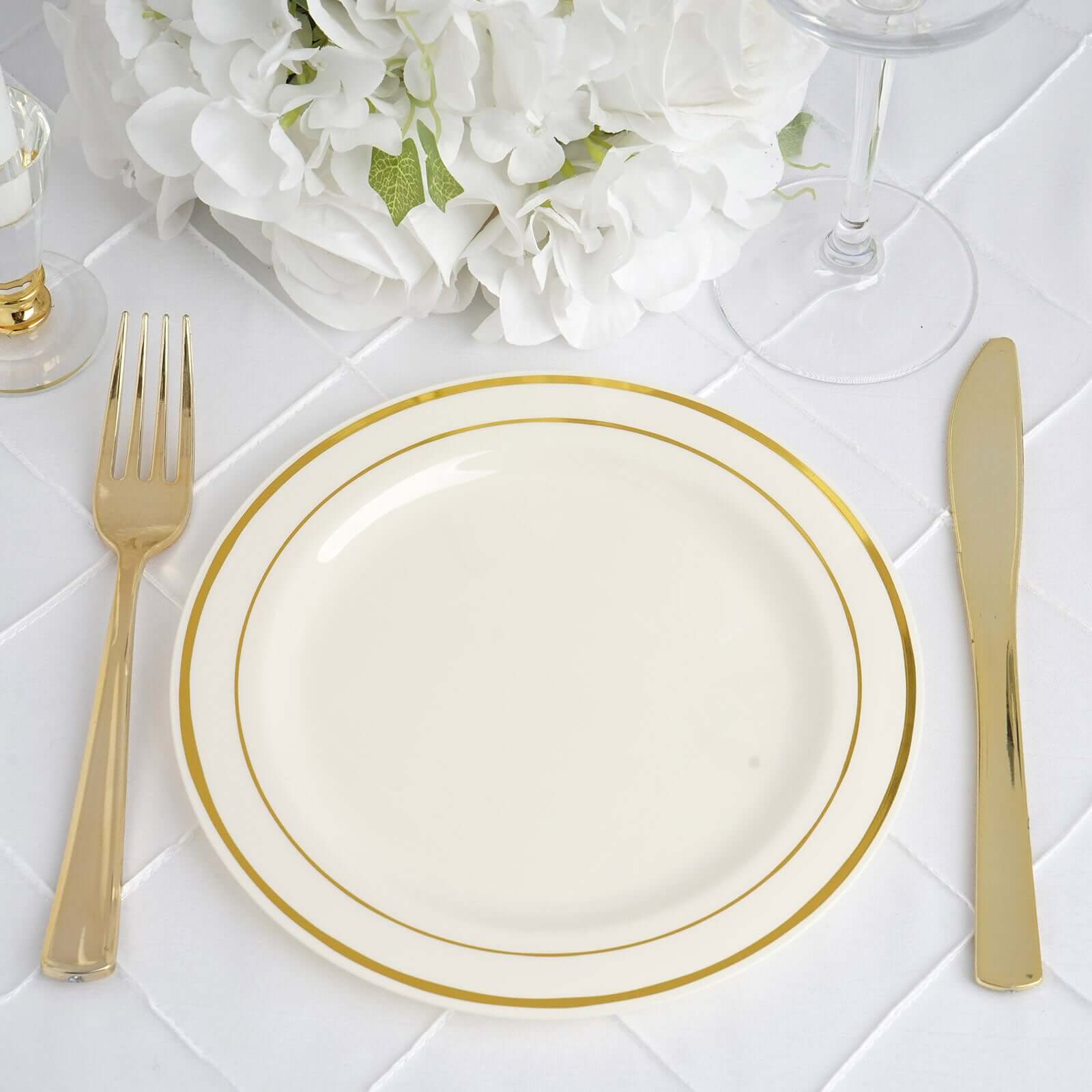 10-Piece Set of Disposable Ivory Plastic Dessert Plates with Stylish Gold Rim, 8 Inches