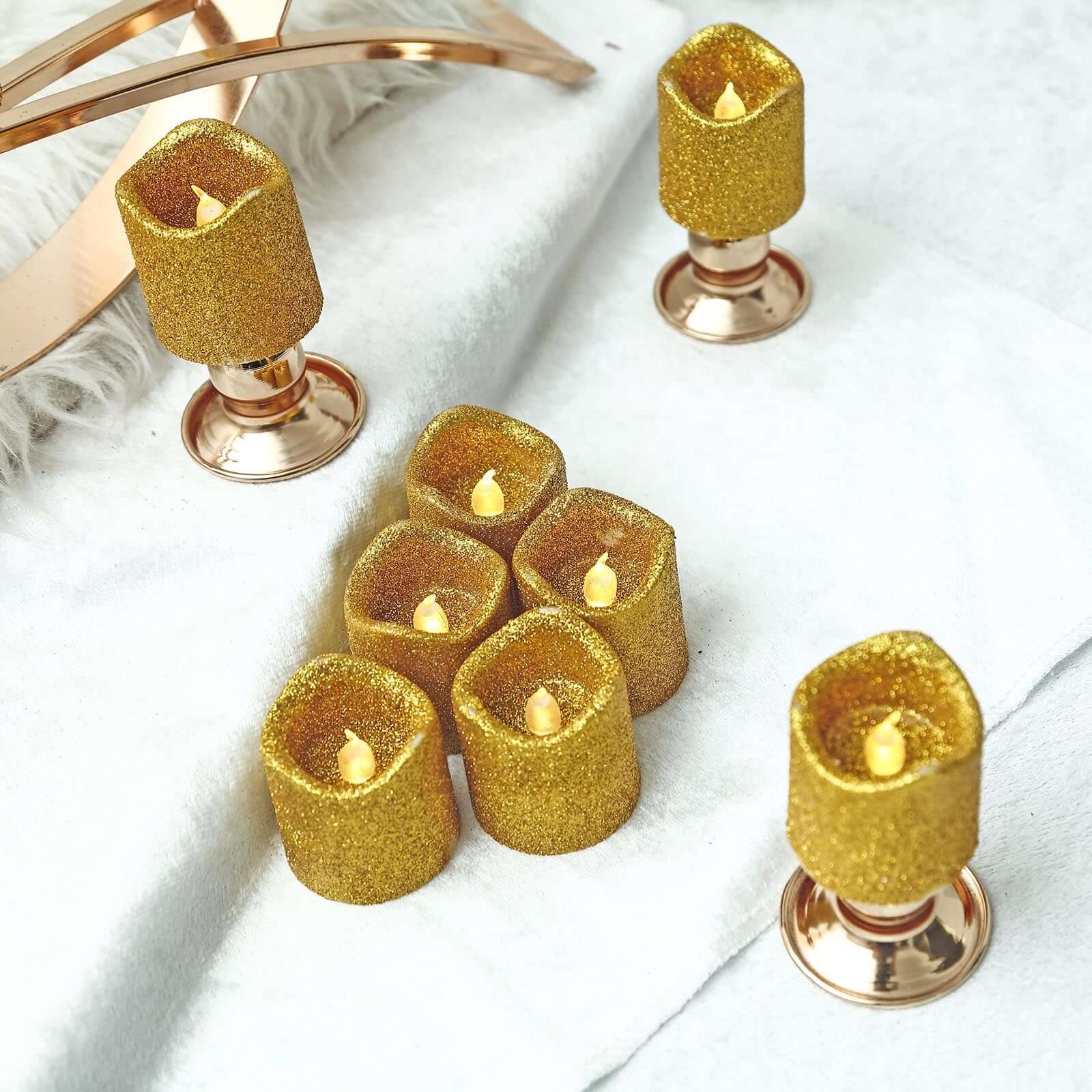 Hot Sale! 12-Piece Reusable Flameless LED Votive Candles with Glittered Gold Design, Battery Operated