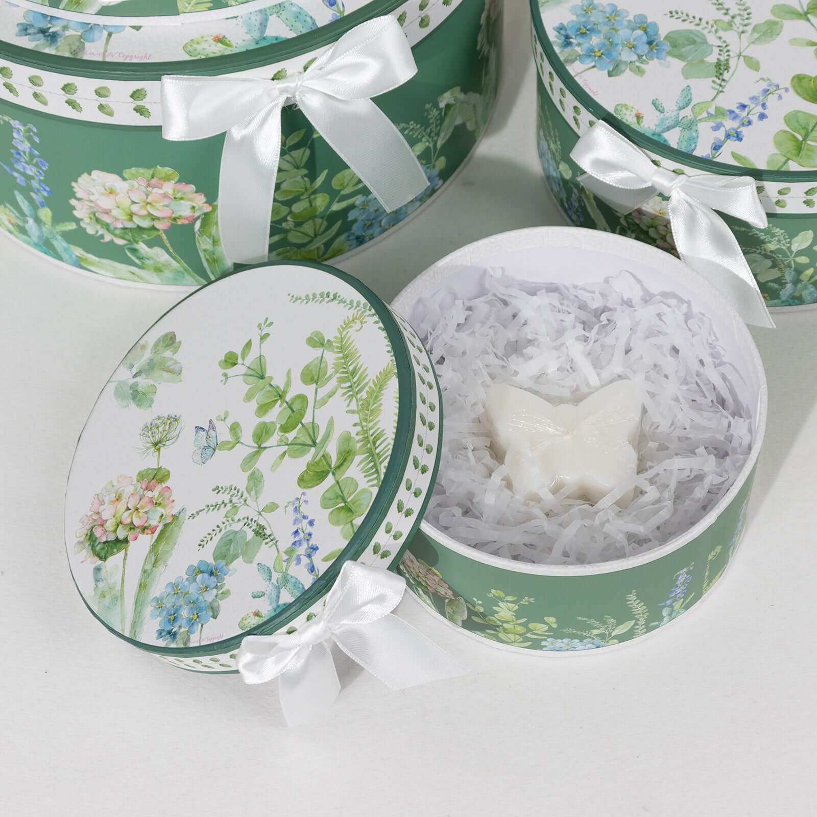 4-Piece Set of Greenery-Themed Cardstock Round Nesting Gift Boxes with Lids