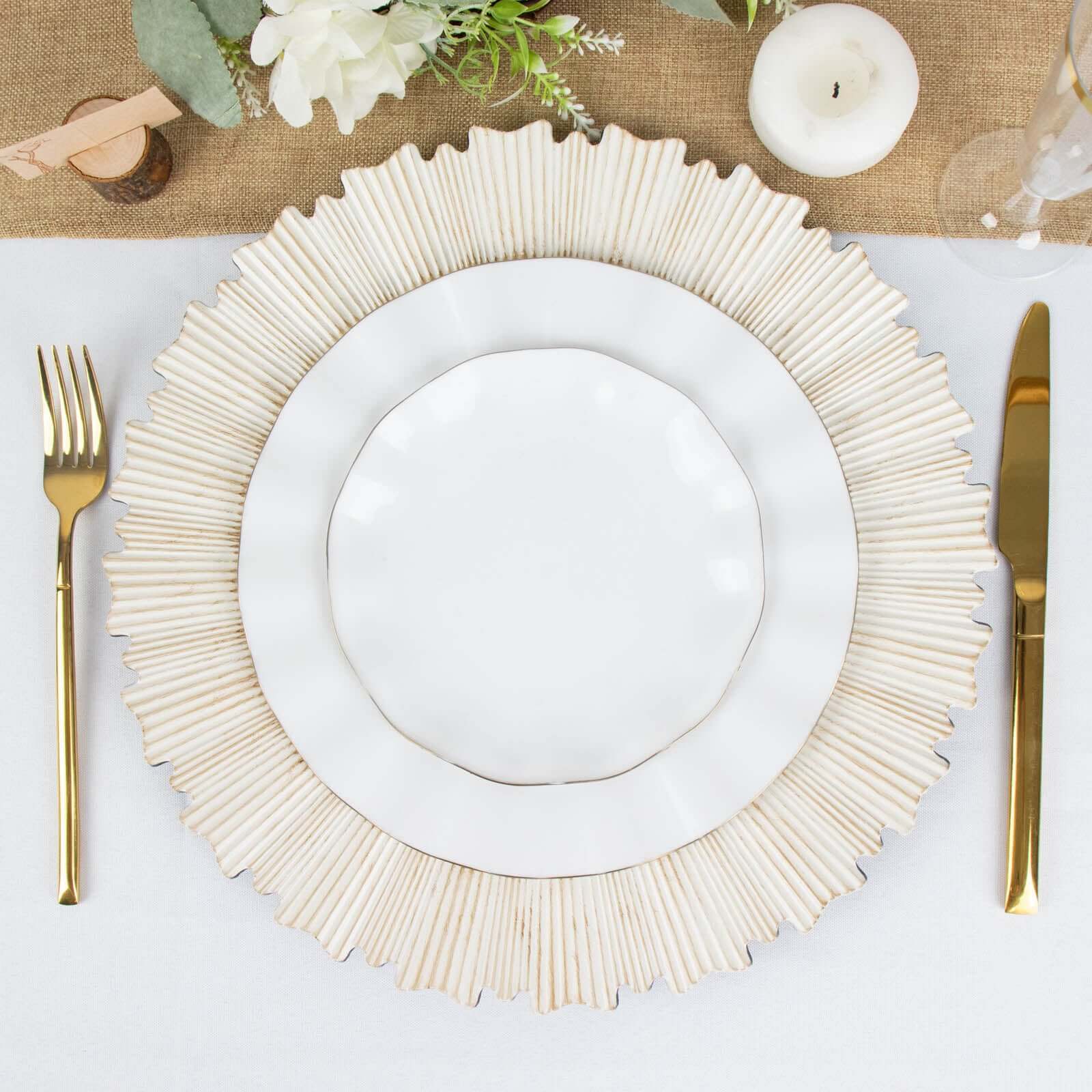 6-Piece Set of 13-Inch Washwhite Acrylic Charger Plates with Sunray Scalloped Rim for Dinner Parties