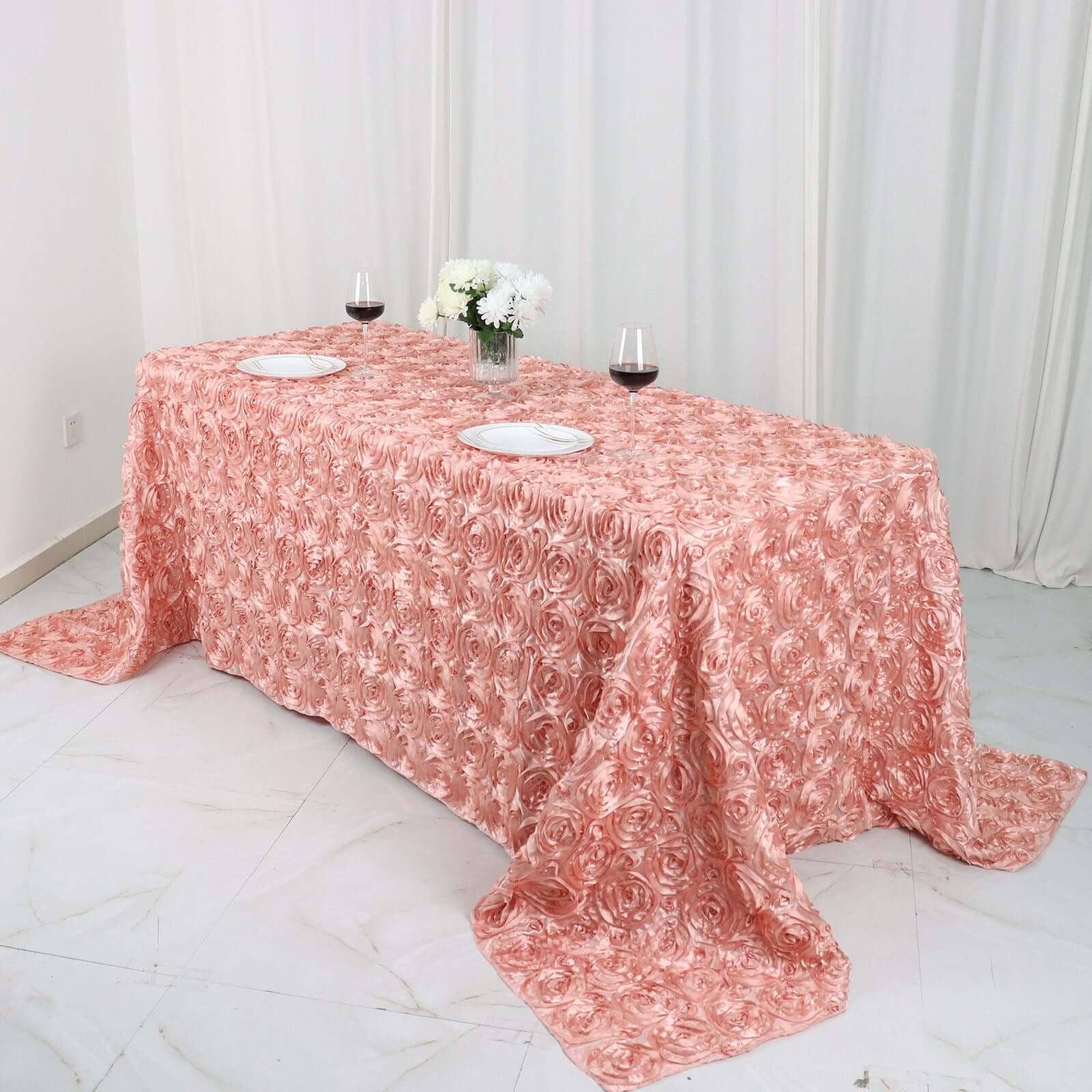 Luxurious Dusty Rose Satin 90x132 Rectangle Tablecloth with 3D Rosette Design