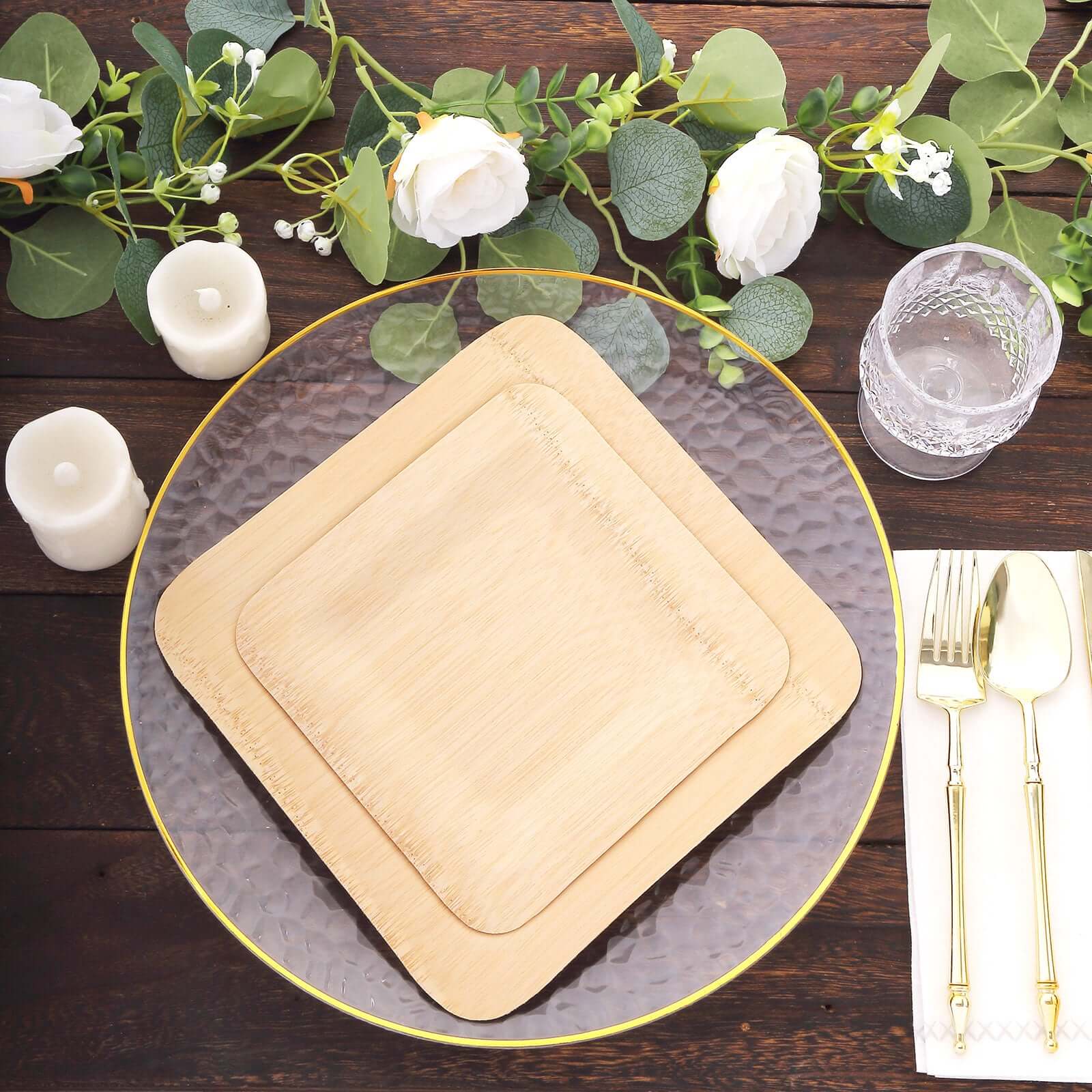 10-Pack Natural Bamboo 9 Square Dinner Plates - Eco-Friendly Disposable for Events