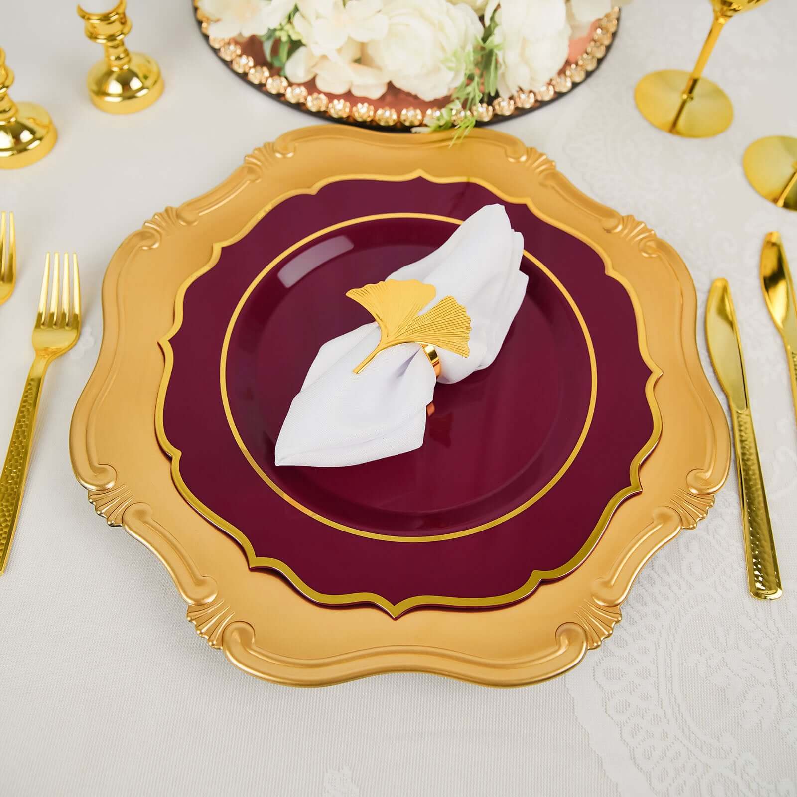 10-Pack Disposable Burgundy Plastic Round Dinner Plates with Gold Scalloped Rim - Ideal for Parties