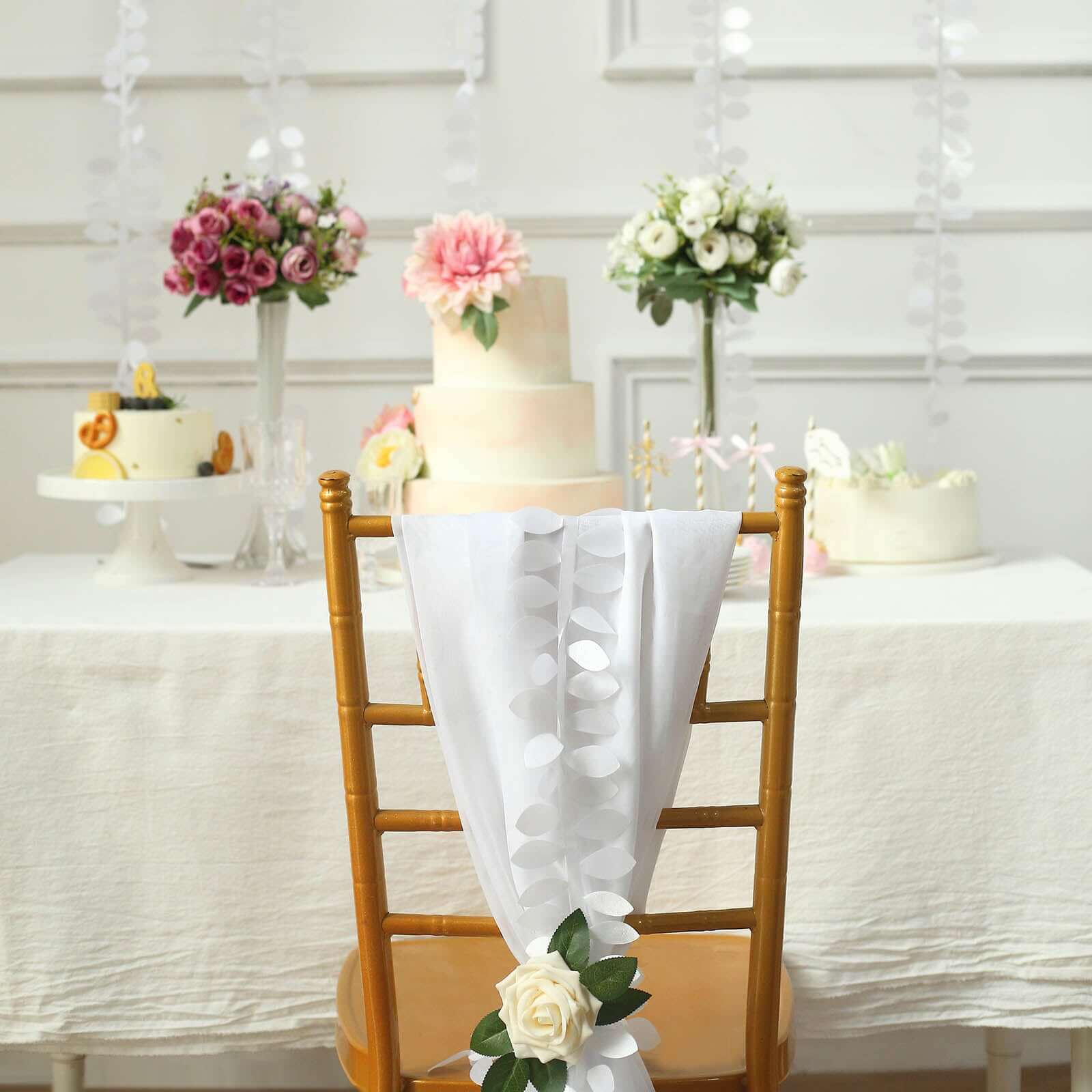 50ft White Taffeta Ribbon Sash with 4 - Leaf Petal Design, Elegant Garland for Events