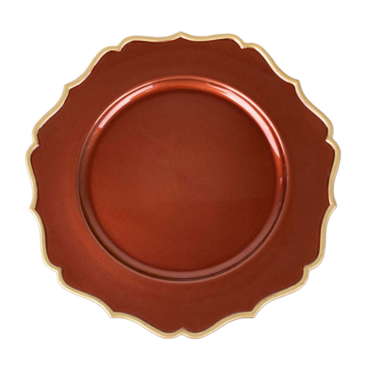 Hot Sale! 6-Piece Set of 13-Inch Terracotta (Rust) Acrylic Charger Plates with Gold Scalloped Rim for Dinner Parties